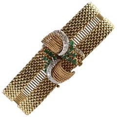 Antique 14-Karat Yellow Gold, Diamond and Emerald Bracelet