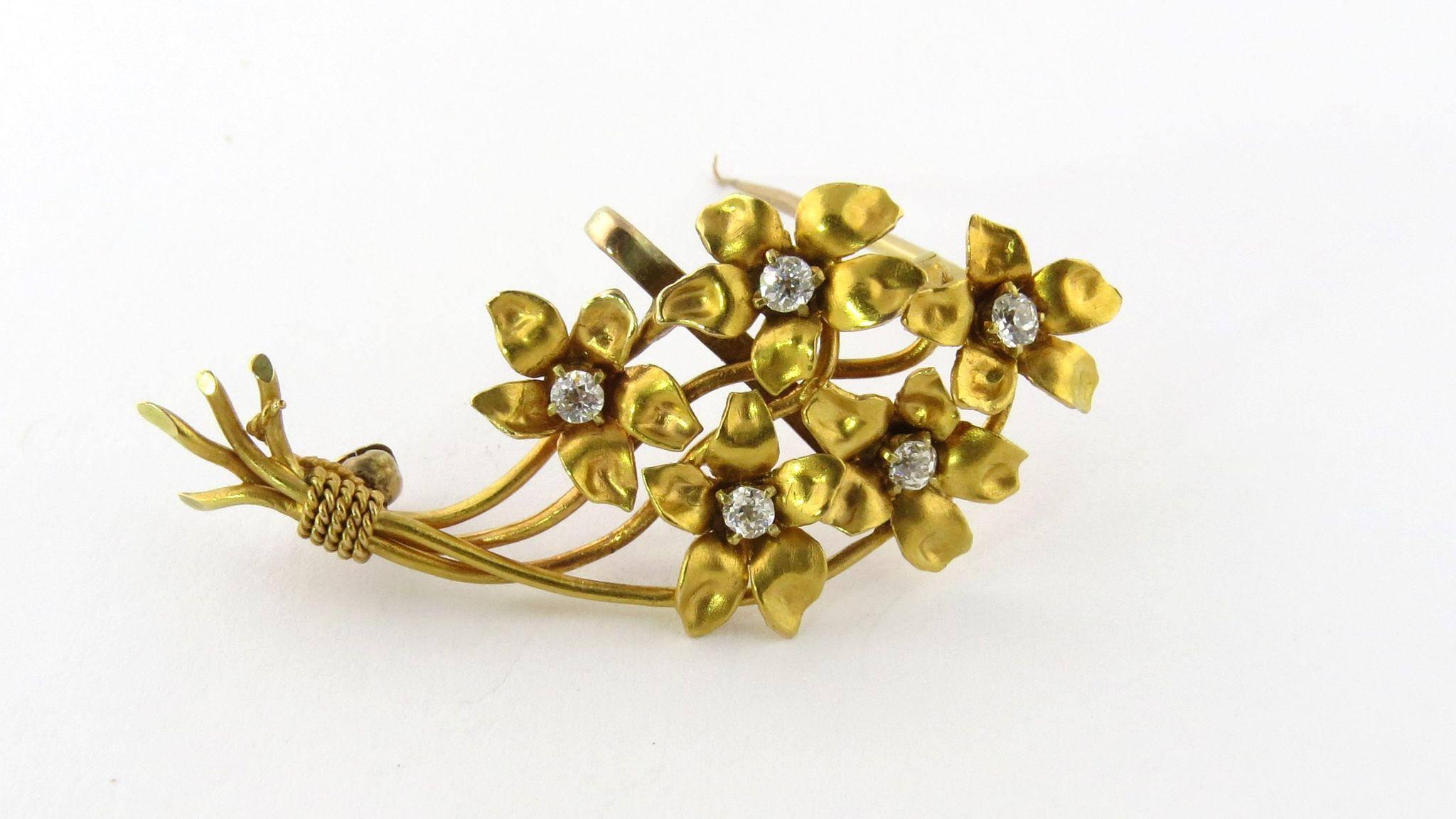 Round Cut Antique 14 Karat Yellow Gold Diamond Flower Bouquet Brooch Pin