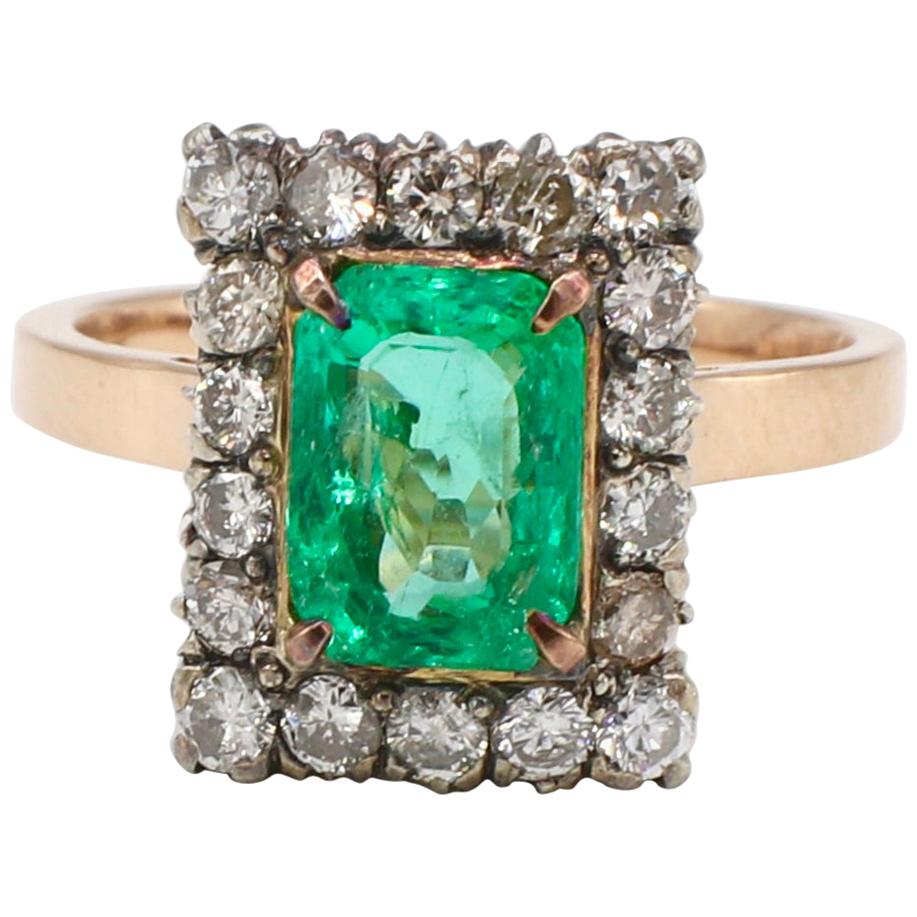 GIA Certified Antique Yellow Gold Emerald and Diamond Halo Cocktail Ring