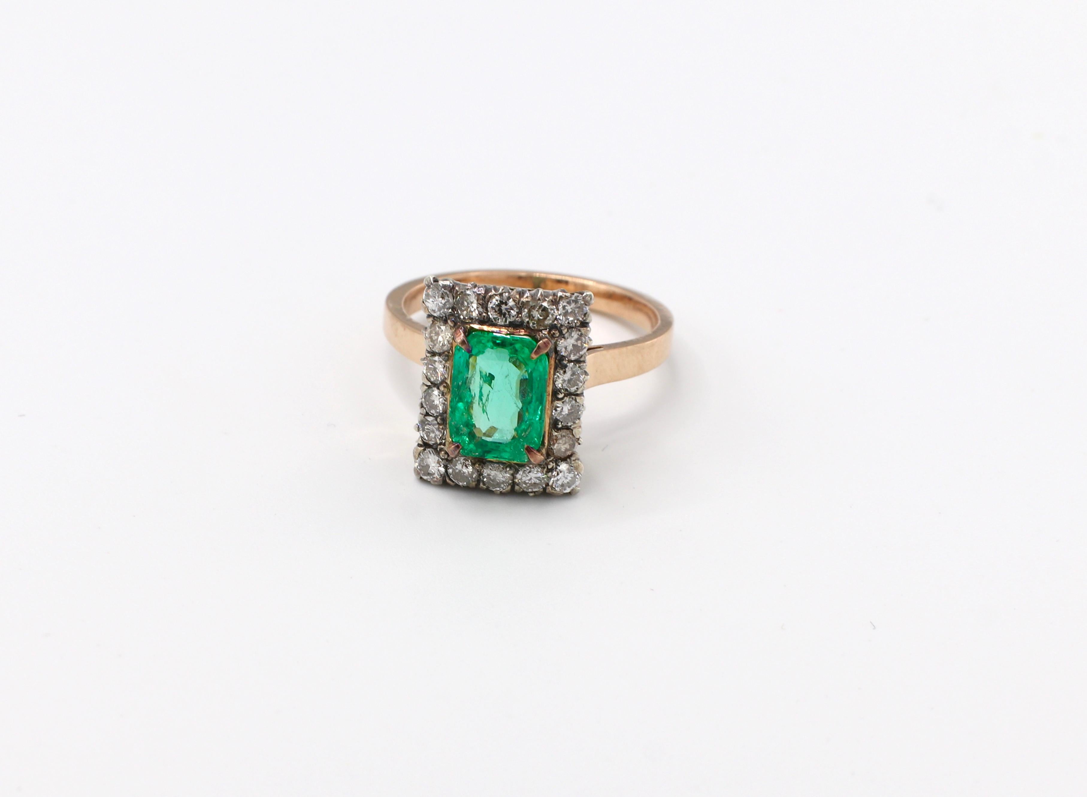 GIA Certified Antique 14 Karat Yellow Gold Emerald & Diamond Halo Cocktail Ring Size 6.25
GIA Report Number: 2211407813 (please note original GIA report pictured for details) 
Metal: 14k yellow gold
Weight: 4.10 grams
Emerald: 1.49 carats, Colombia