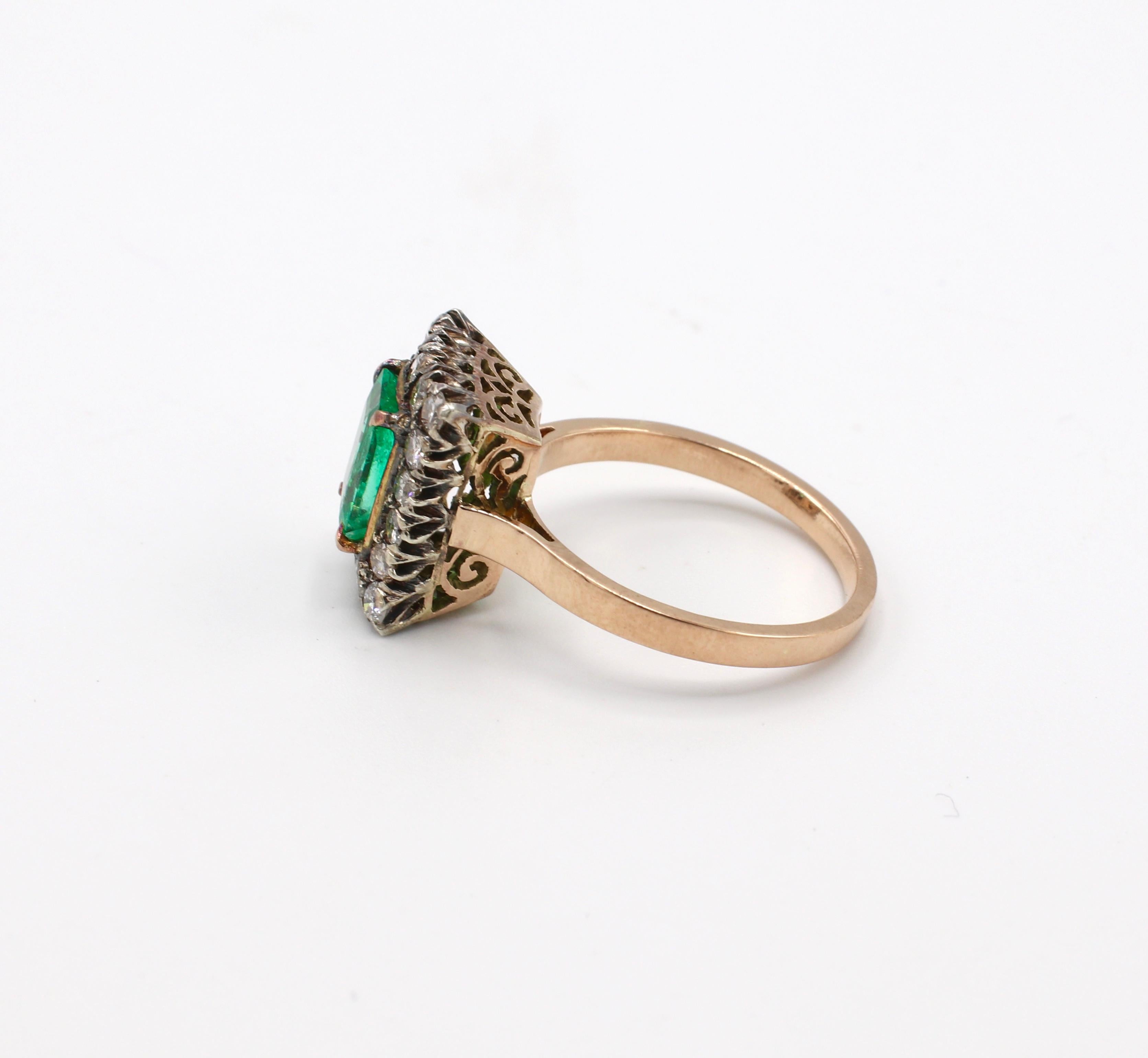 GIA Certified Antique Yellow Gold Emerald and Diamond Halo Cocktail Ring In Good Condition In  Baltimore, MD