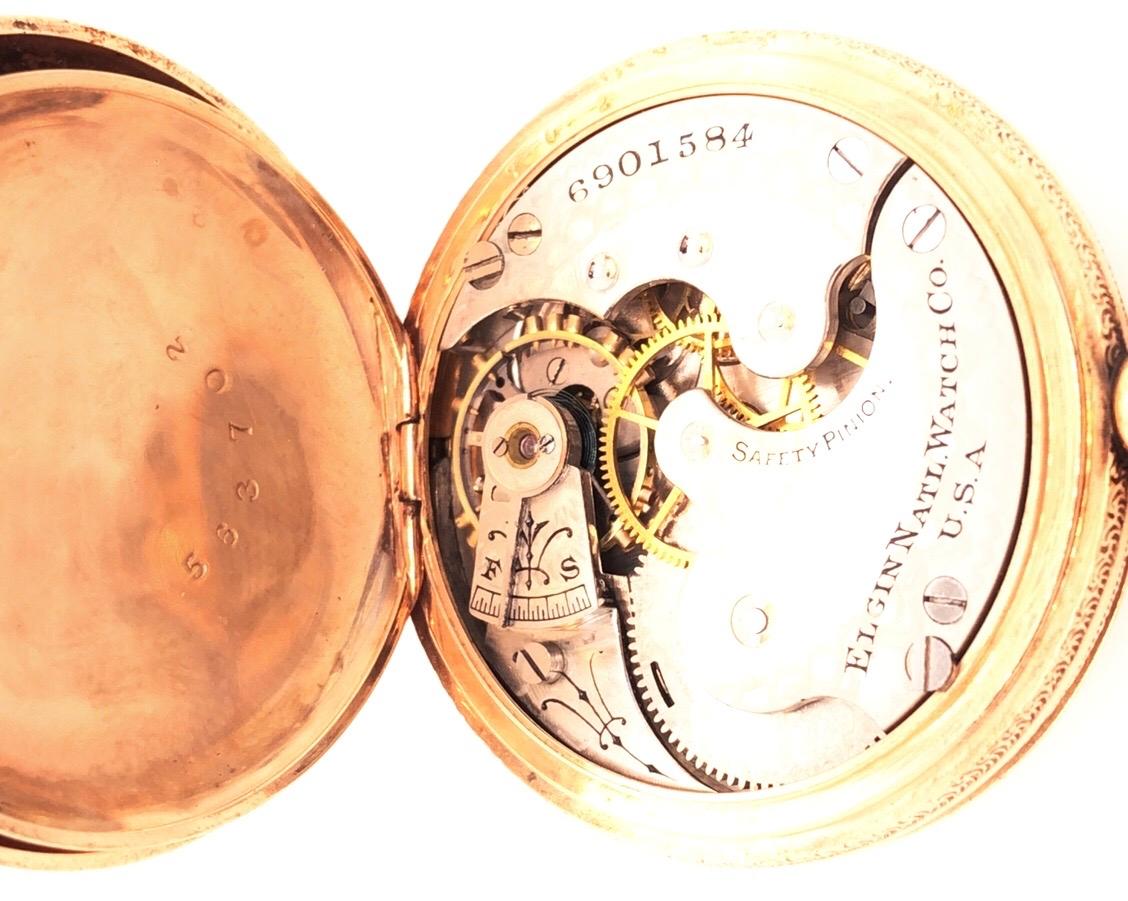 Antike 14 Karat Gelbgold graviertes Gehäuse Elgin Taschenuhr, ca. 1895 im Angebot 3