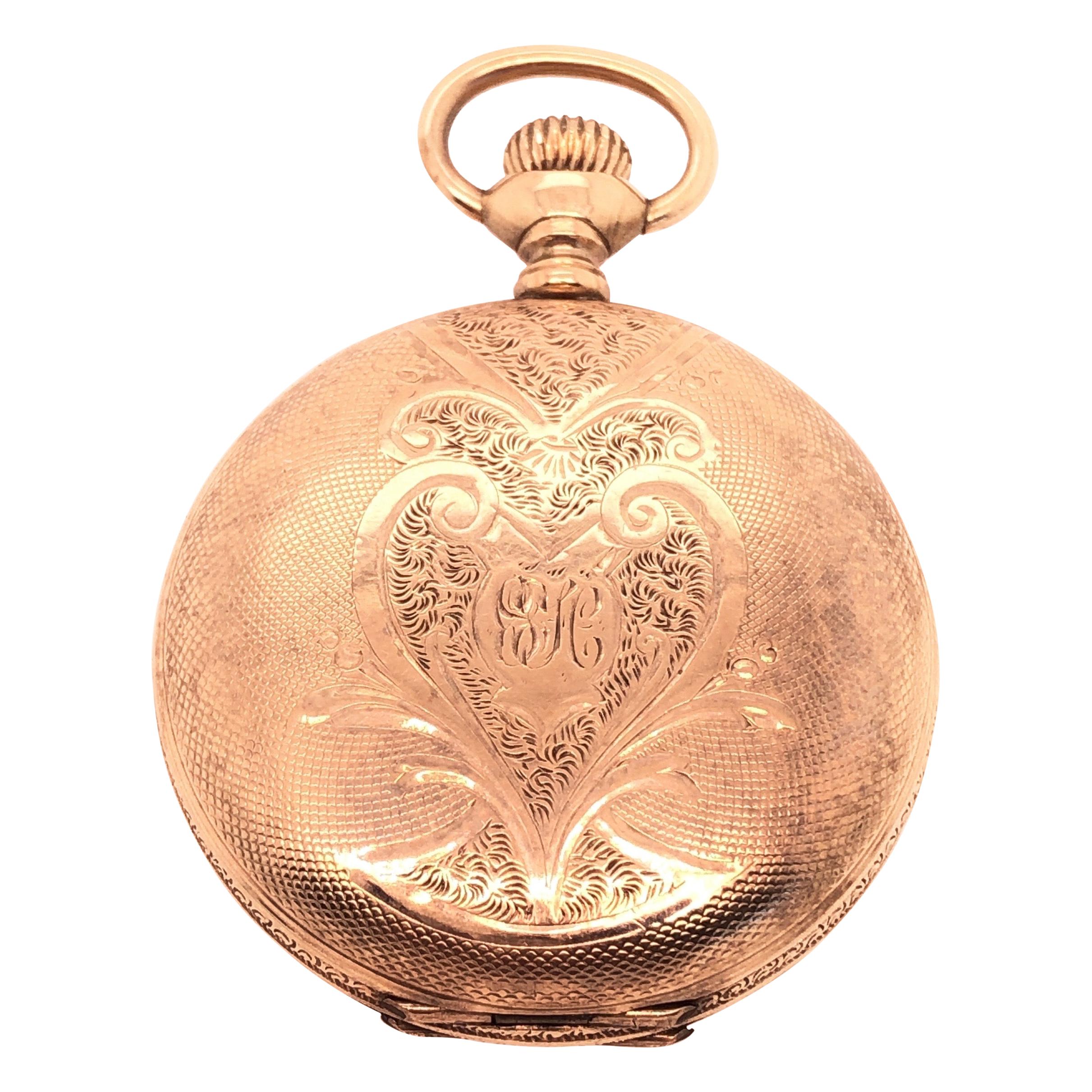 Ancienne montre de poche Elgin à boîtier gravé en or jaune 14 carats, vers 1895