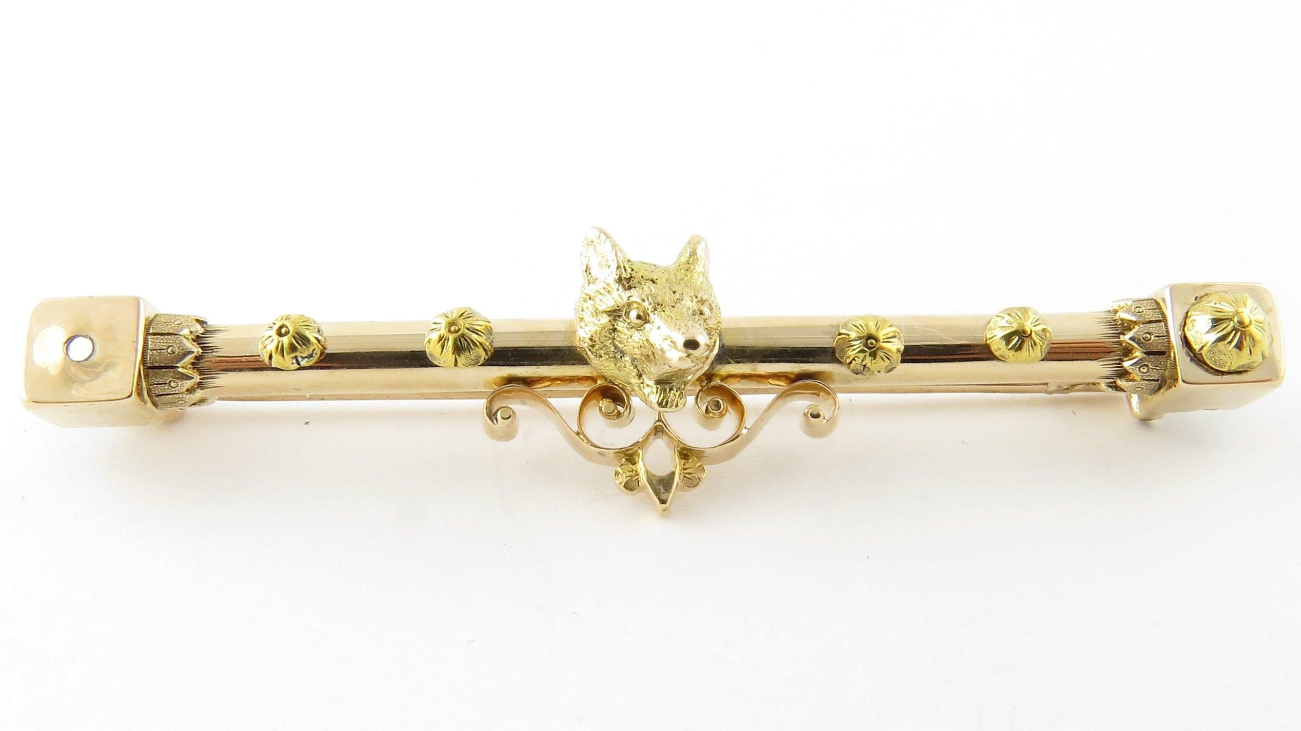 Antique 14 Karat Yellow Gold Fox Bar Pin- This elegant bar pin is detailed with a 3D fox head in beautifully detailed 14K yellow gold. Size: 13 mm x 49 mm Weight: 4.7 dwt. / 7.4 gr. Acid tested for 14K gold. Very good condition, professionally