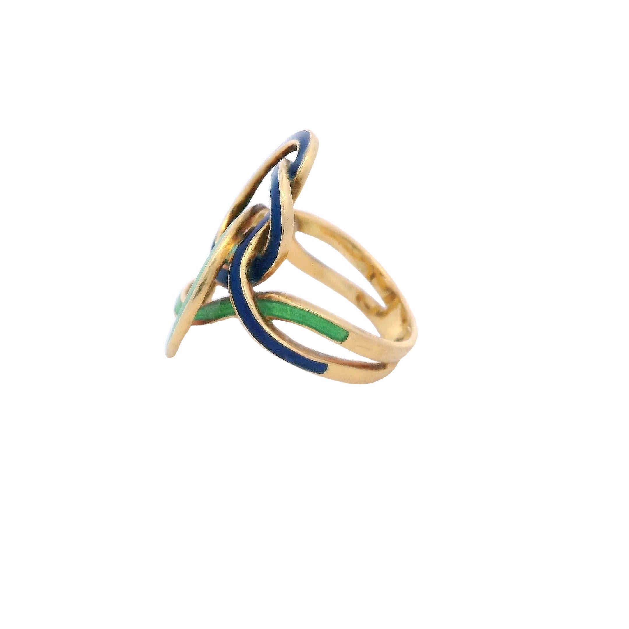 Antique 14 Karat Yellow Gold Guilloché Green and Blue Enamel Ring In Good Condition For Sale In Fairfield, CT