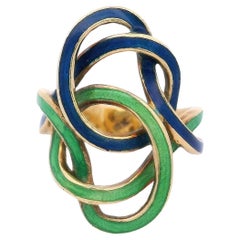 Antique Guilloché Green and Blue Enamel Knot Ring in 14 Karat Yellow Gold