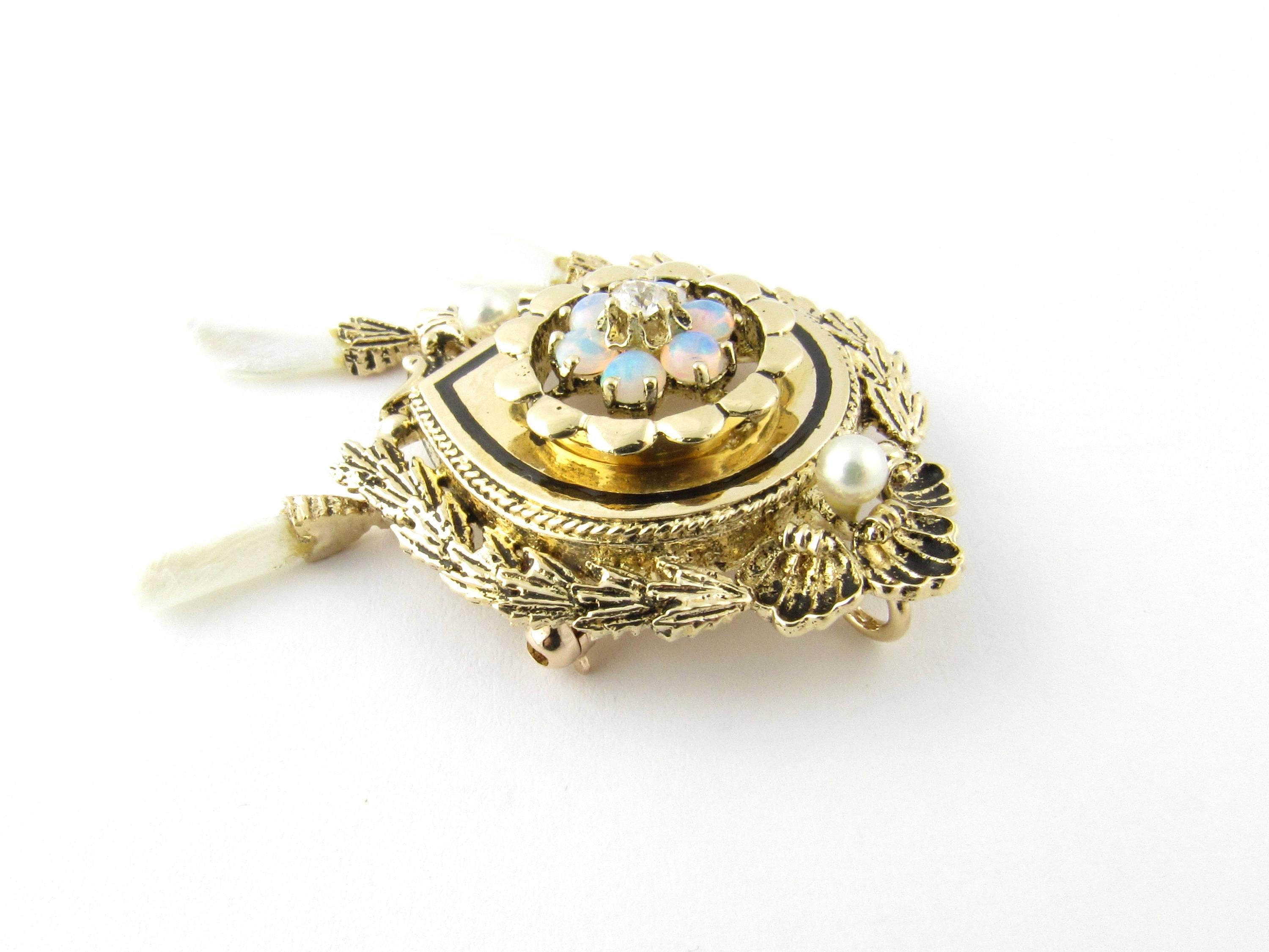 Round Cut Antique 14 Karat Yellow Gold Opal and Pearl Brooch or Pendant