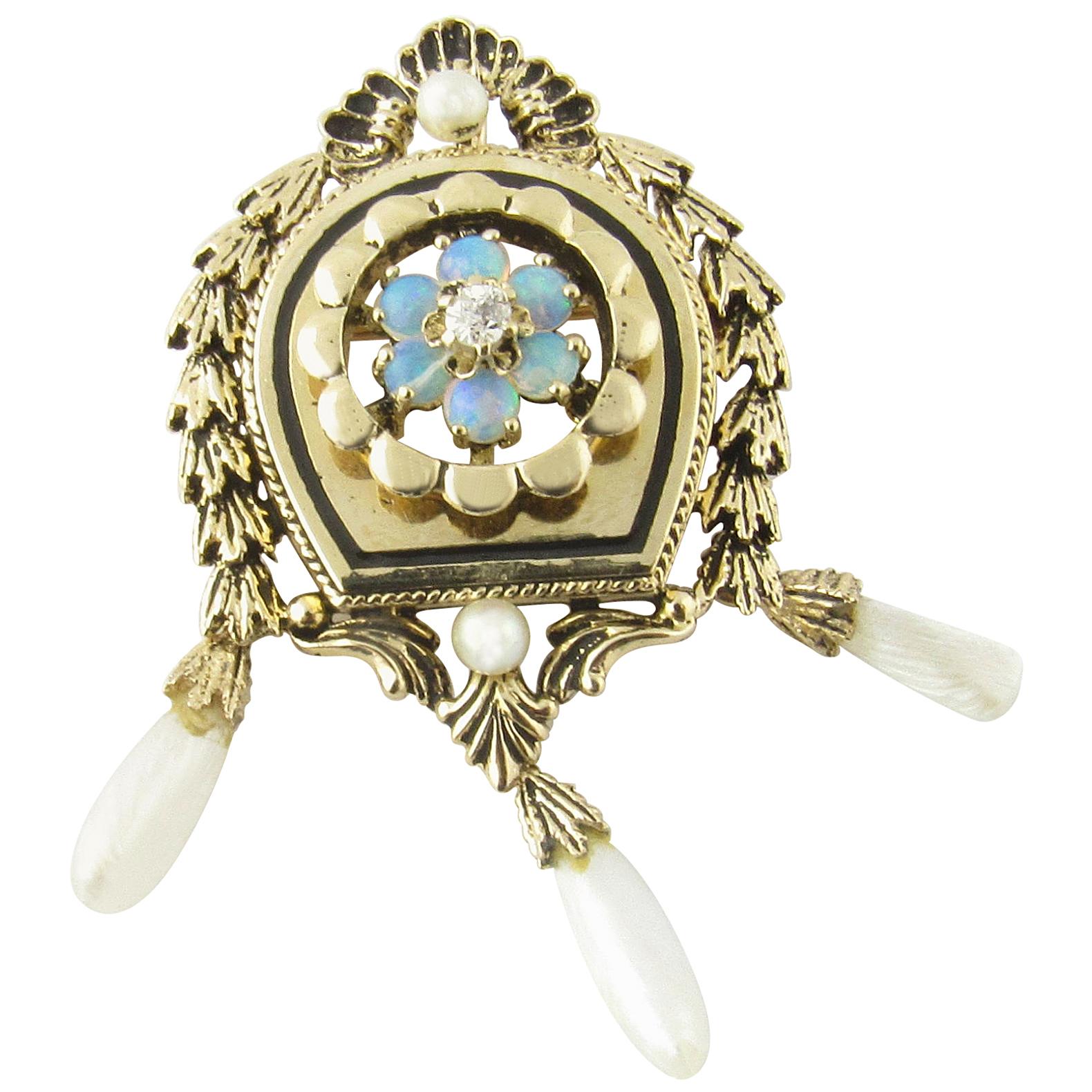 Antique 14 Karat Yellow Gold Opal and Pearl Brooch or Pendant