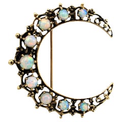 Antique 14 Karat Yellow Gold Opal Crescent Moon Brooch Pin