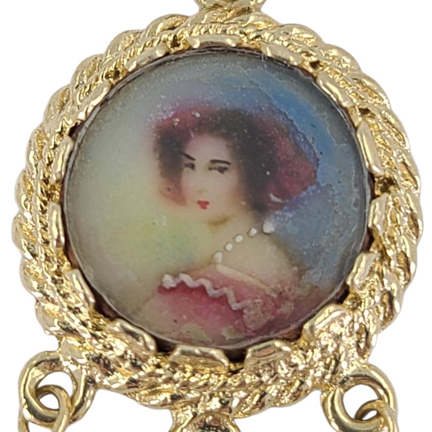 Antique 14 Karat Yellow Gold Mini Portrait Painting Charm Featuring 3 Pearl Dangles. 1.25 Inch Length. Finished Weight Is 2.3 Grams.