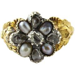 Antique 14 Karat Yellow Gold Pearl and Rose Cut Diamond Mourning Ring