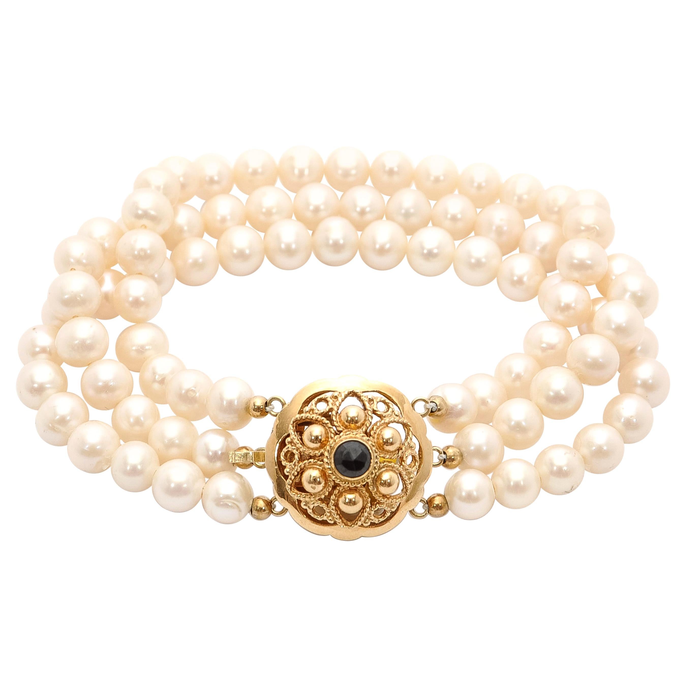 Vintage 14K Gold Cultured Pearl Garnet Beaded Bracelet For Sale