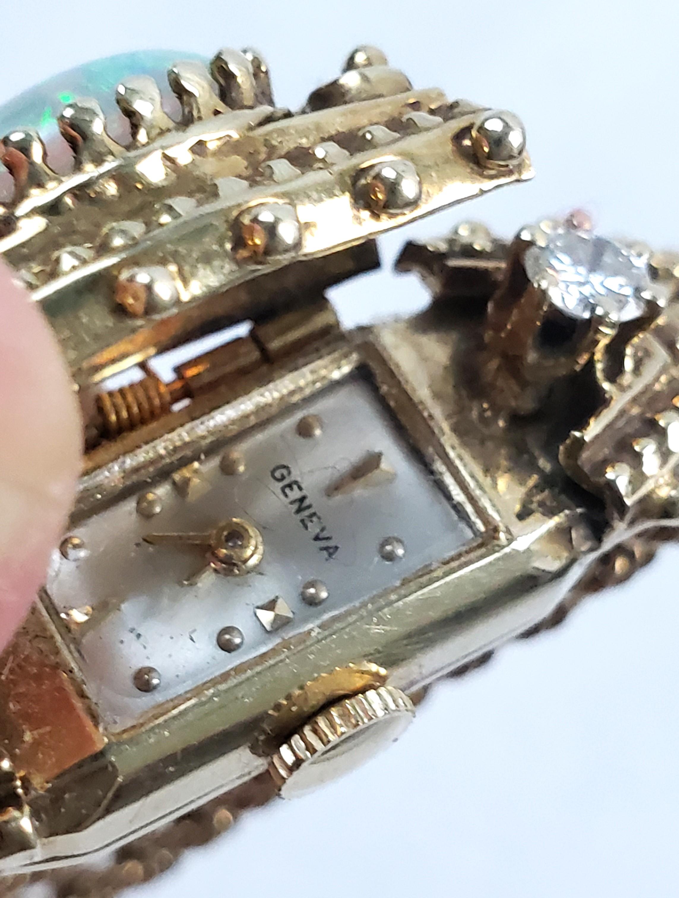 Machine-Made Antique 14 Karat Yellow Gold Peek A Boo Ladies Wristwatch with Opal and Diamonds For Sale