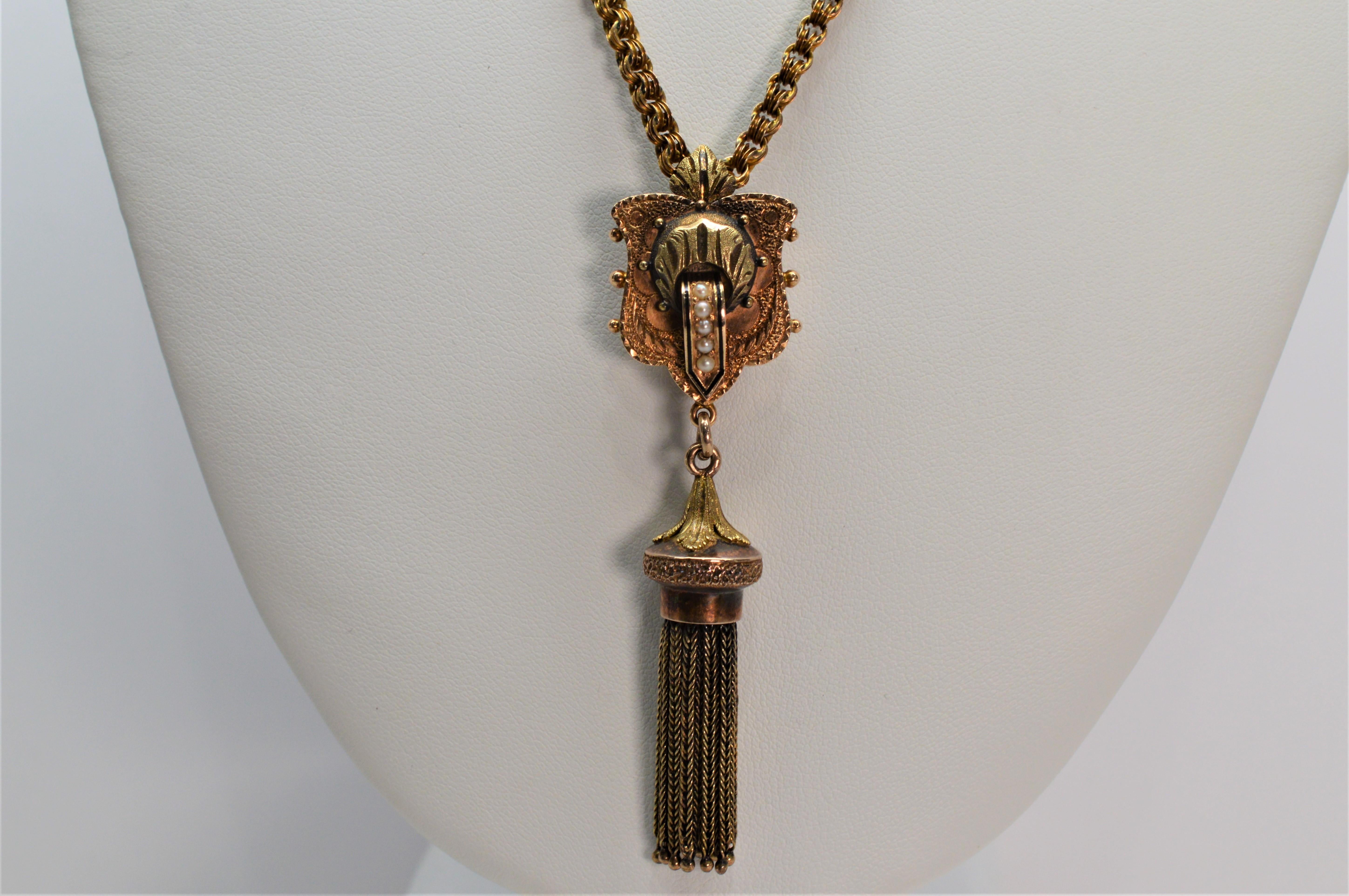 Round Cut Antique Yellow Gold Pendant Tassel Necklace For Sale
