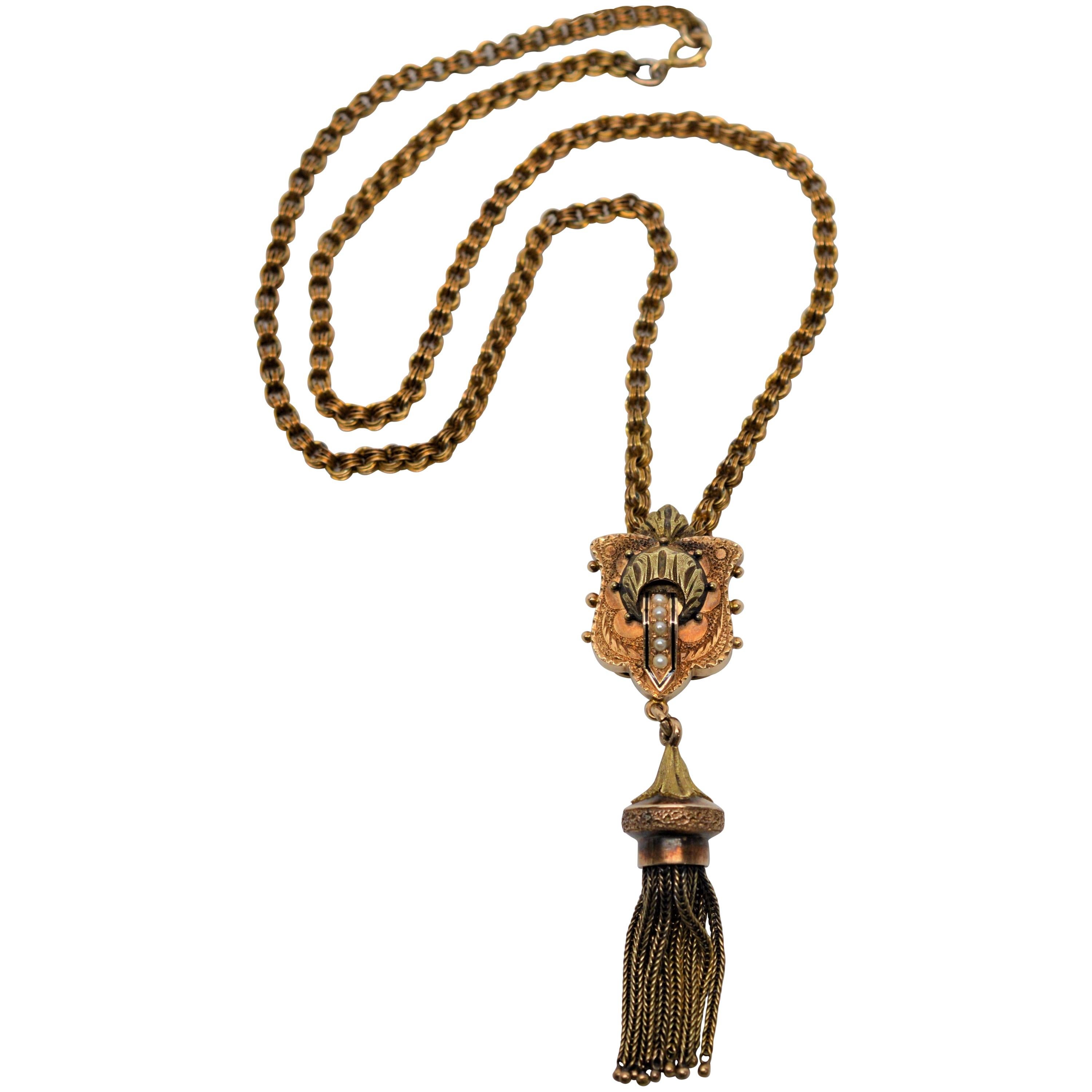 Antique Yellow Gold Pendant Tassel Necklace For Sale