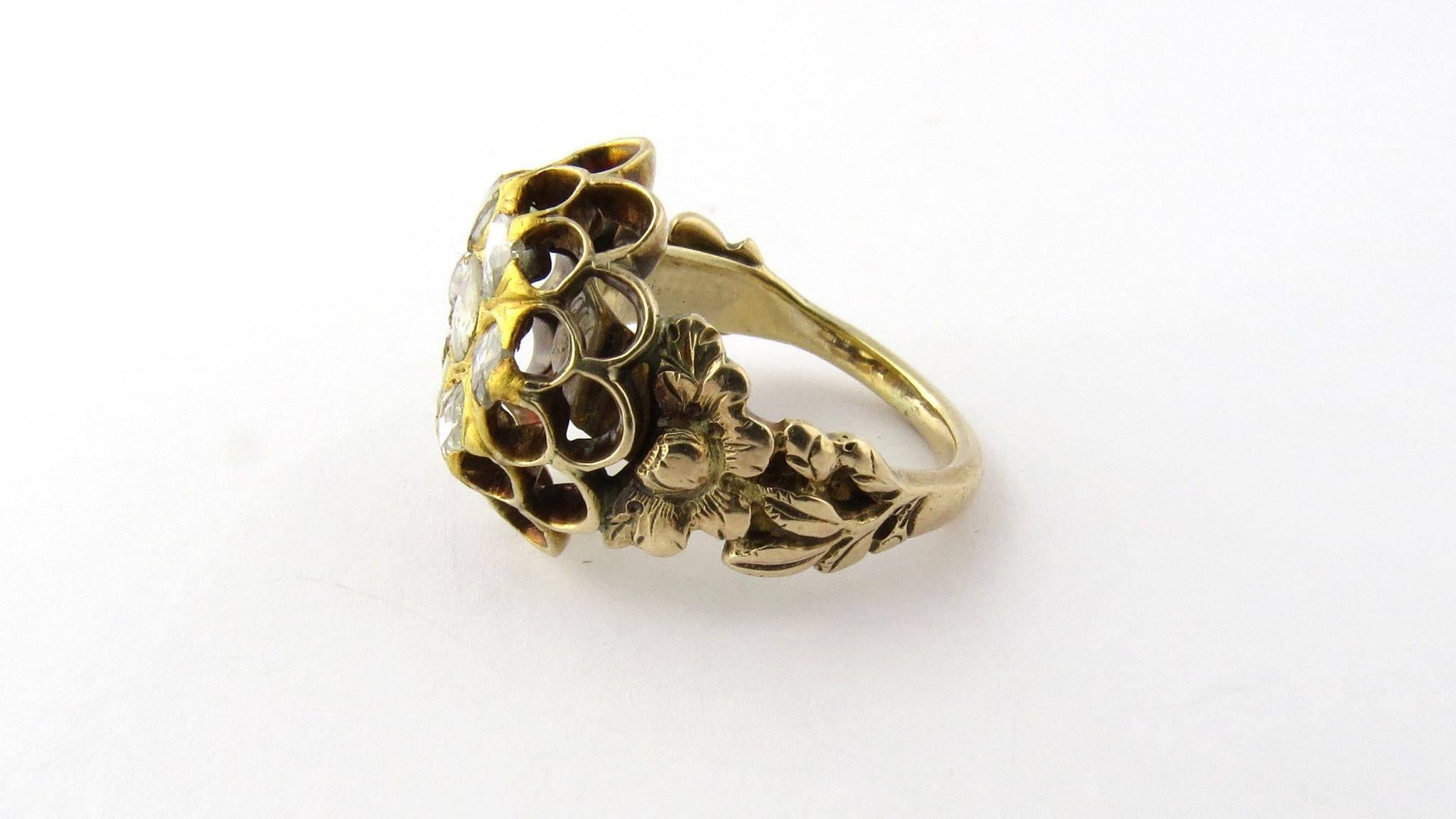 Antique 14K Yellow Gold Rose Cut Diamond Beehive Ring Size 6.25 

The honey found in this beehive ring comes in the form of scintillating rose cut diamonds! Diamond weight is approximately .75 carats. I1 -I3 clarity, J color. One of the smaller
