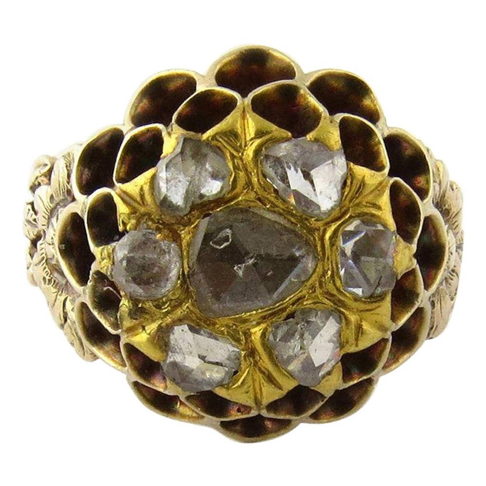 Antique 14 Karat Yellow Gold Rose Cut Diamond Beehive Ring For Sale