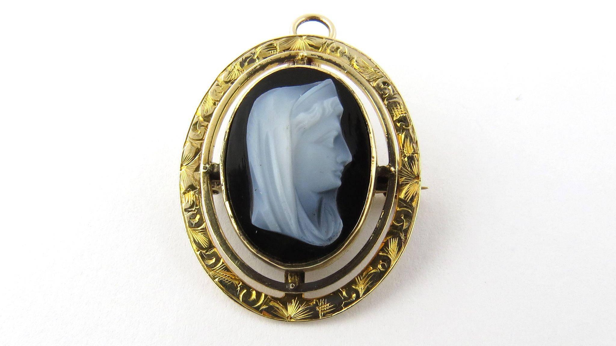 Antique Sardonyx Cameo Madonna Pin/Pendant 

circa 1915

 14K Yellow gold

 1 1/16