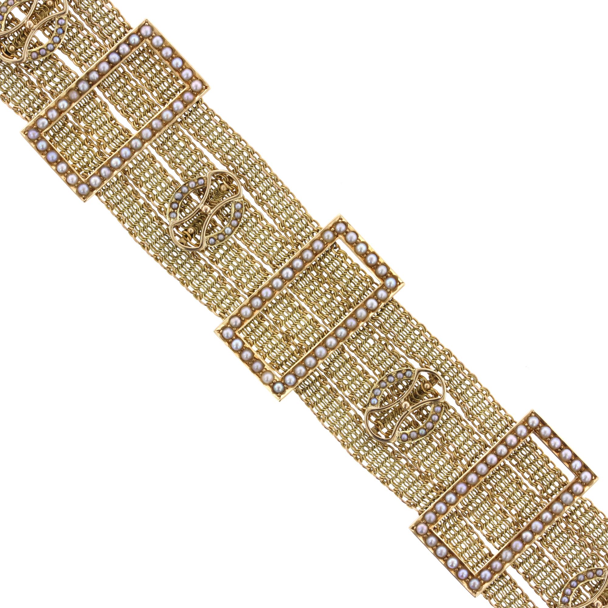 Antique 14K Yellow Gold Seed Pearl Bracelet. The multi chain bracelet is designed with stations set with seed pearls, width 1