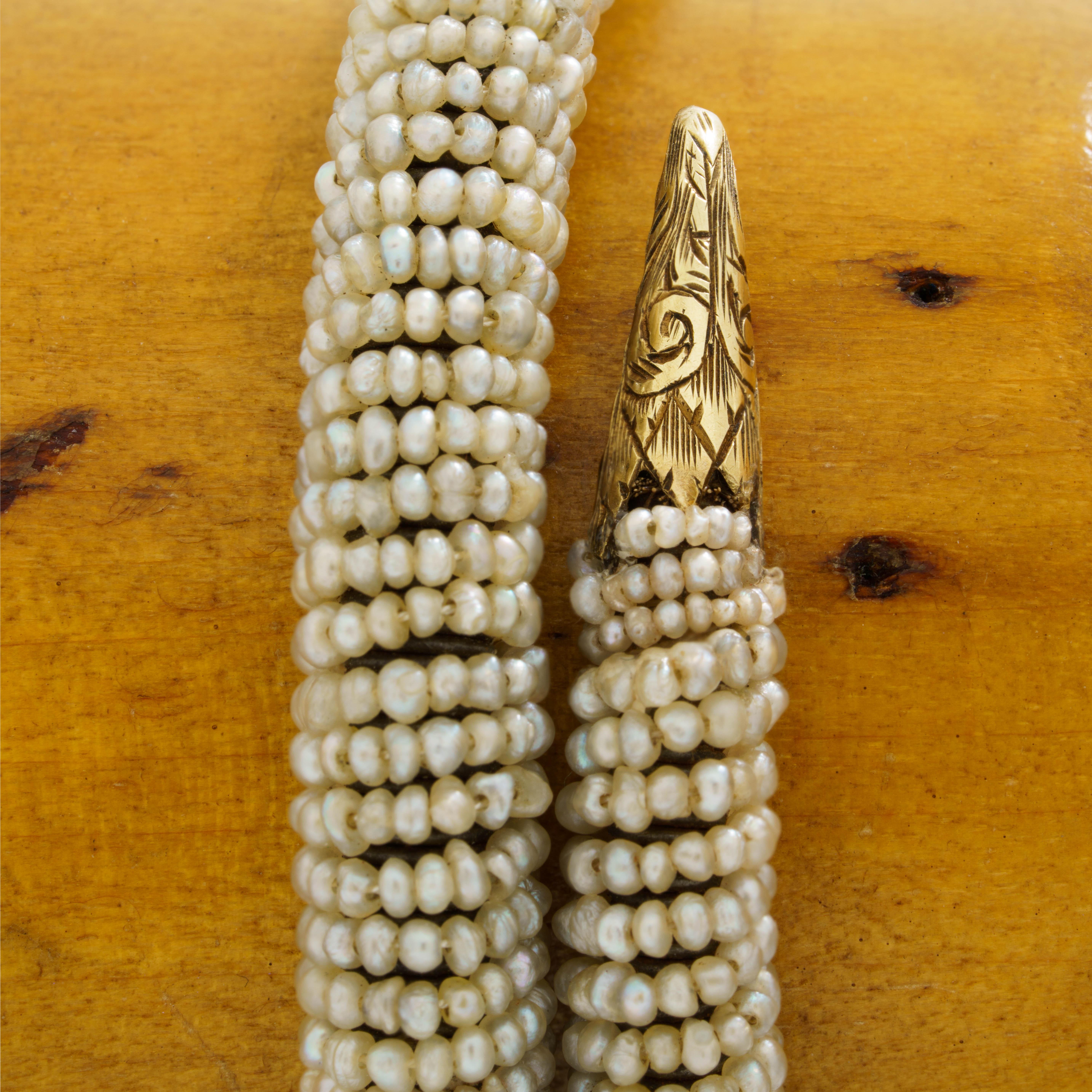 Victorian Antique 14 Karat Yellow Gold Seed Pearl Snake Wrap Bracelet with Heart Locket