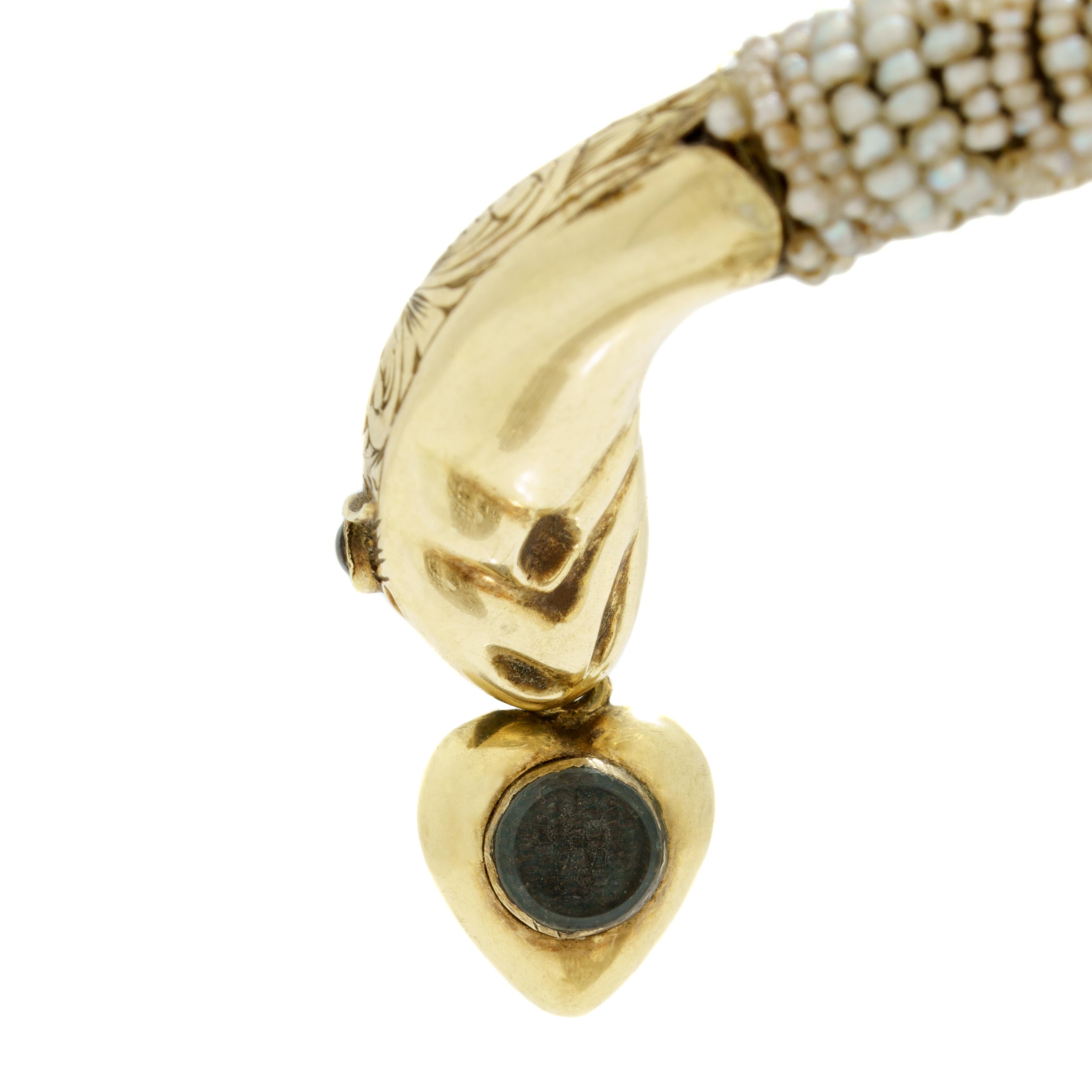 Bead Antique 14 Karat Yellow Gold Seed Pearl Snake Wrap Bracelet with Heart Locket