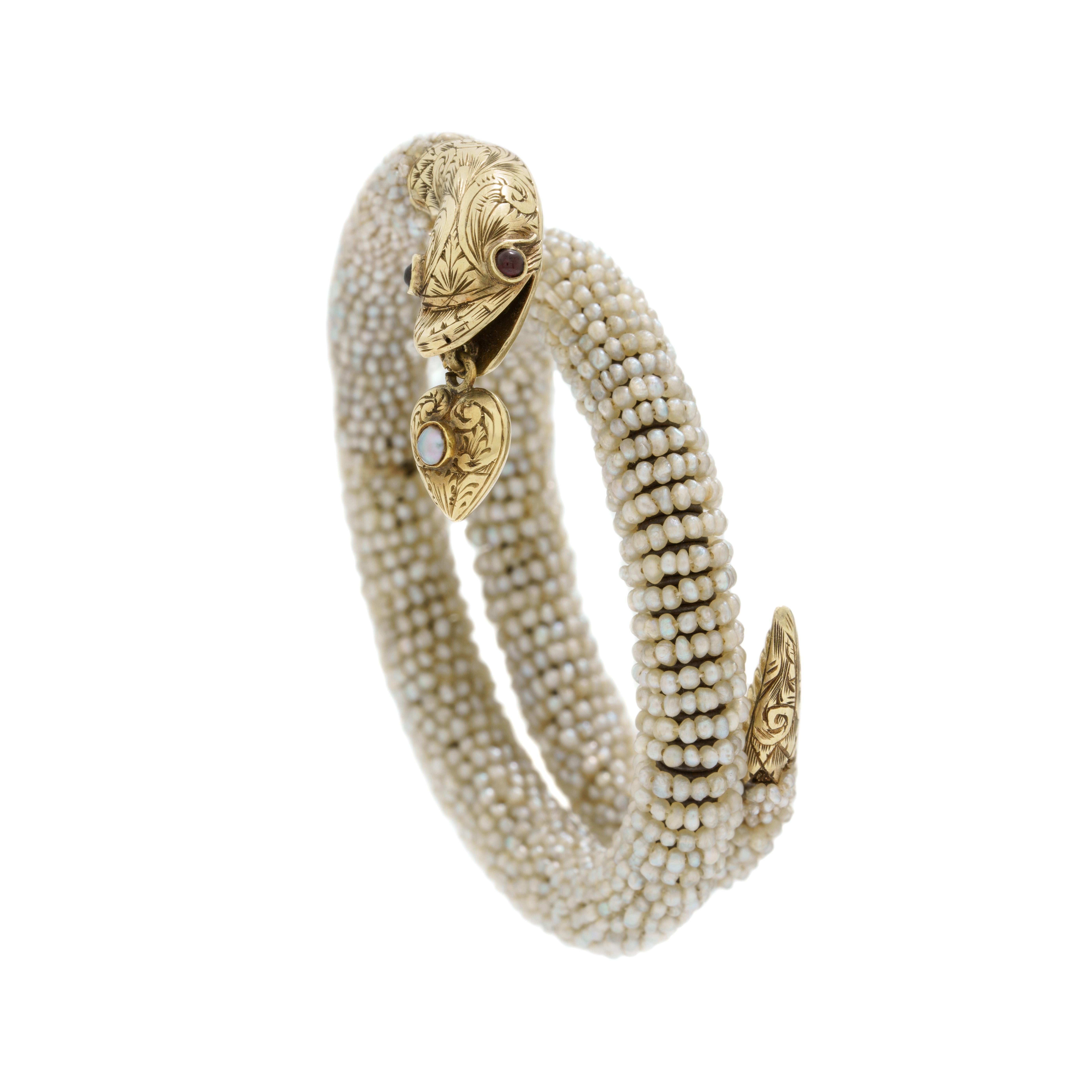 Antique 14 Karat Yellow Gold Seed Pearl Snake Wrap Bracelet with Heart Locket In Good Condition In New York, NY