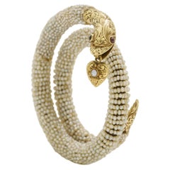 Antique 14 Karat Yellow Gold Seed Pearl Snake Wrap Bracelet with Heart Locket