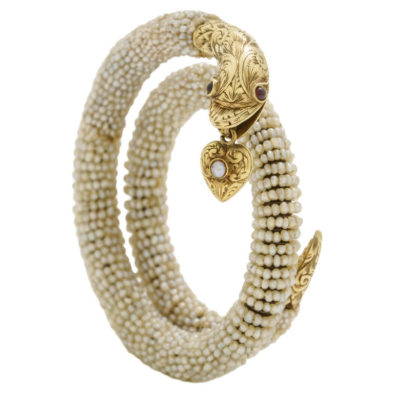 Antique 14 Karat Yellow Gold Seed Pearl Snake Wrap Bracelet with Heart