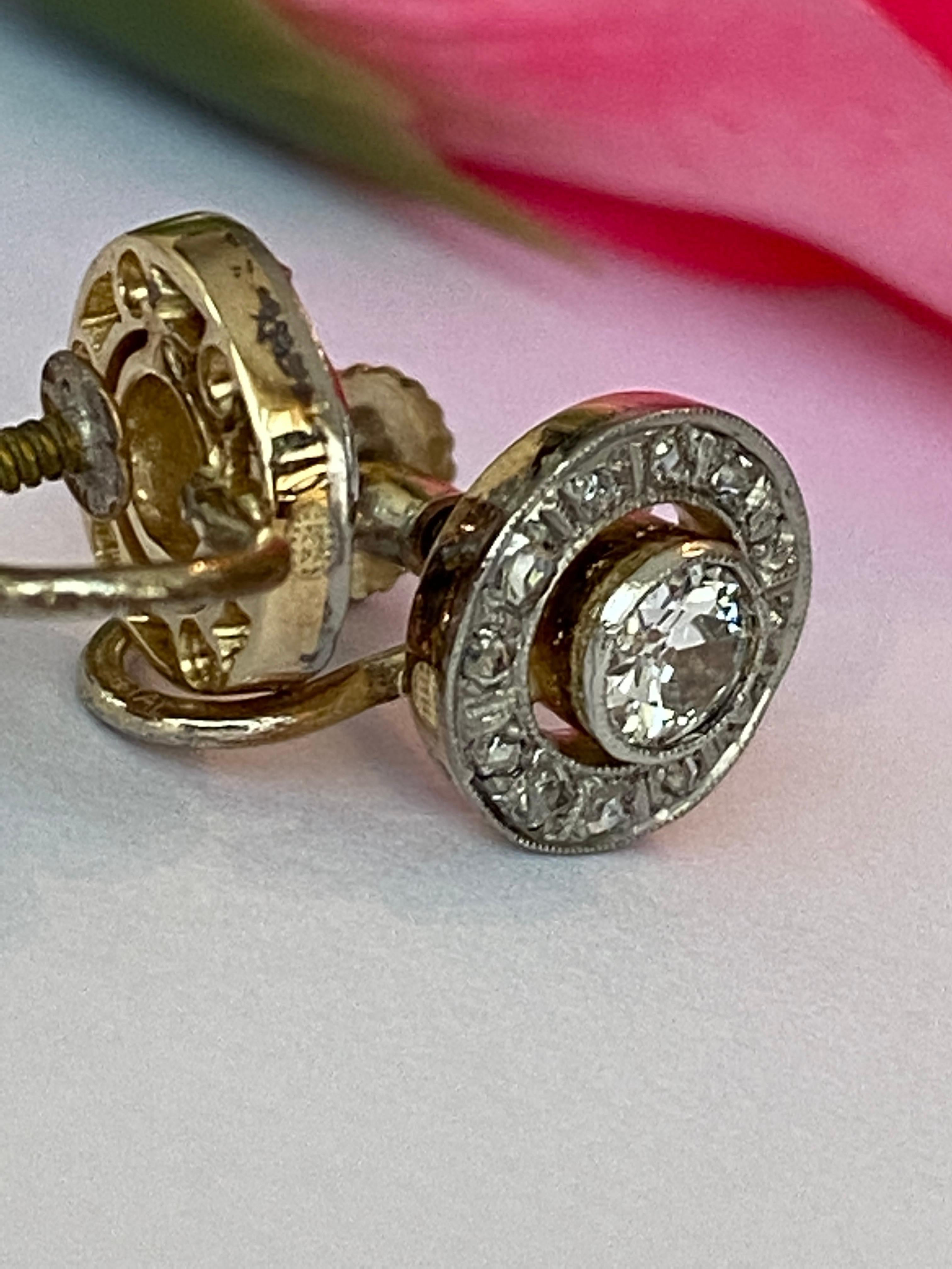 Antique 14 kt  Gold Halo Earrings with 0.74 ct Old-Cut Diamonds For Sale 4