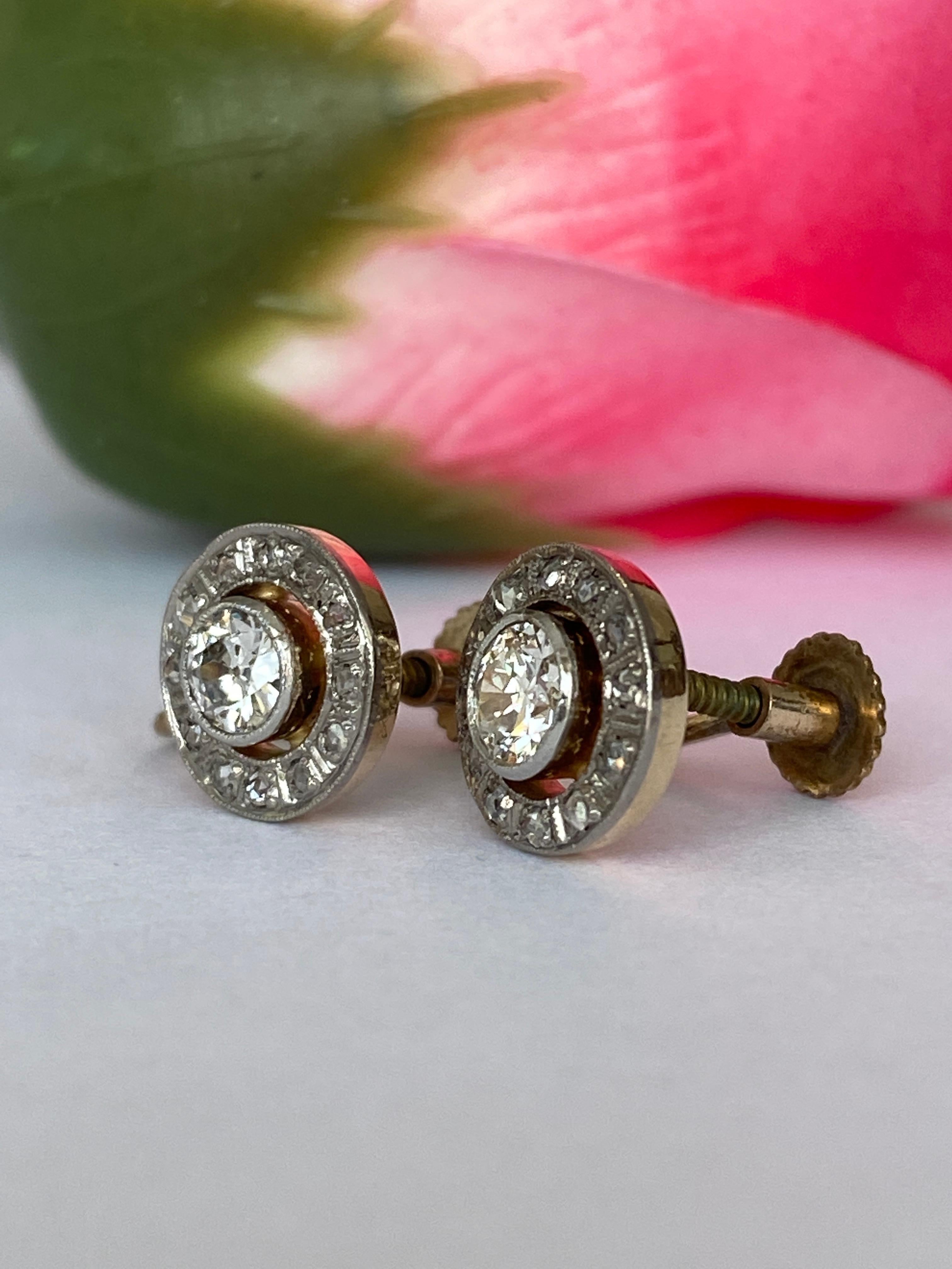 Old Mine Cut Antique 14 kt  Gold Halo Earrings with 0.74 ct Old-Cut Diamonds For Sale