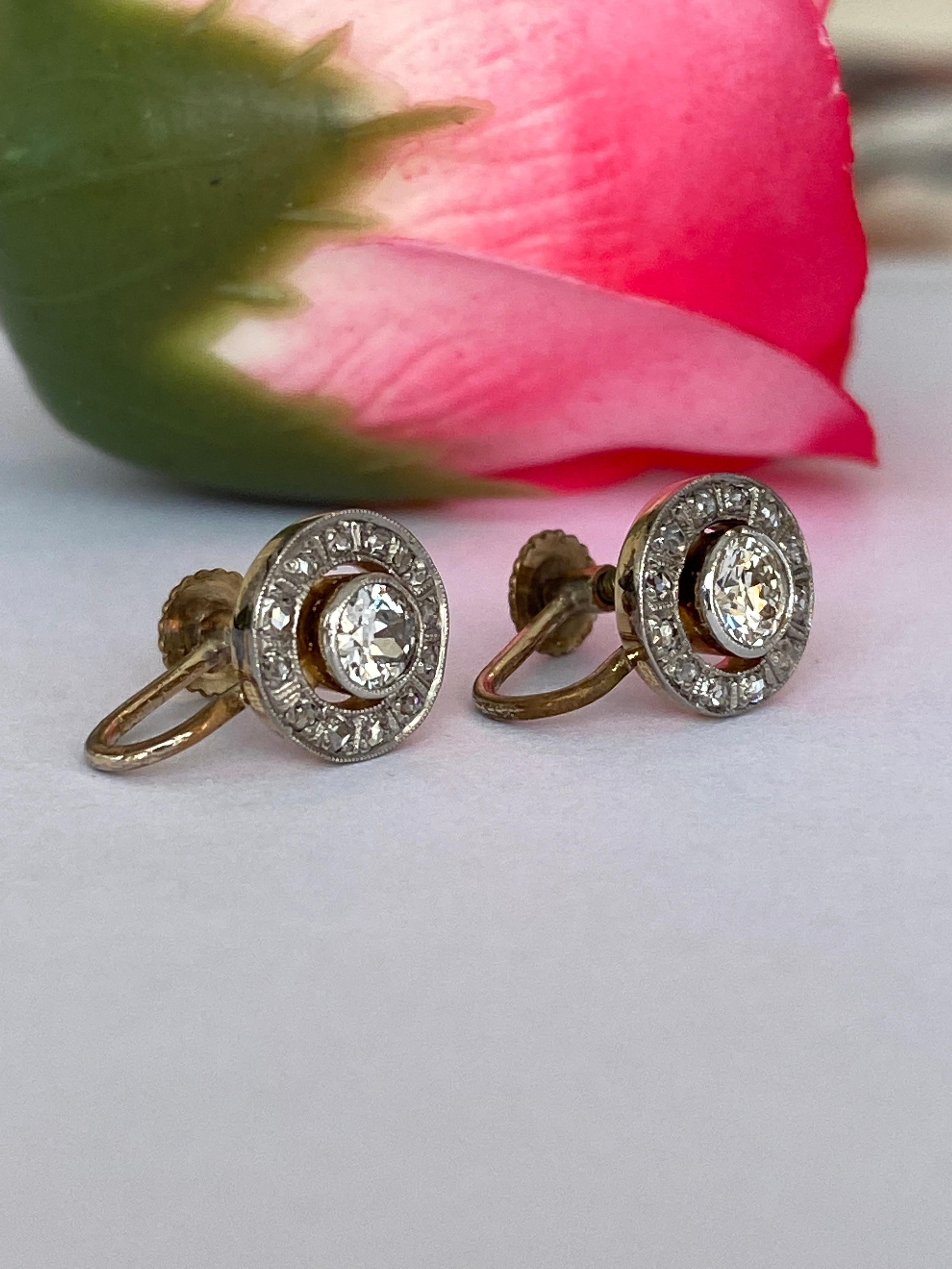 Women's or Men's Antique 14 kt  Gold Halo Earrings with 0.74 ct Old-Cut Diamonds For Sale