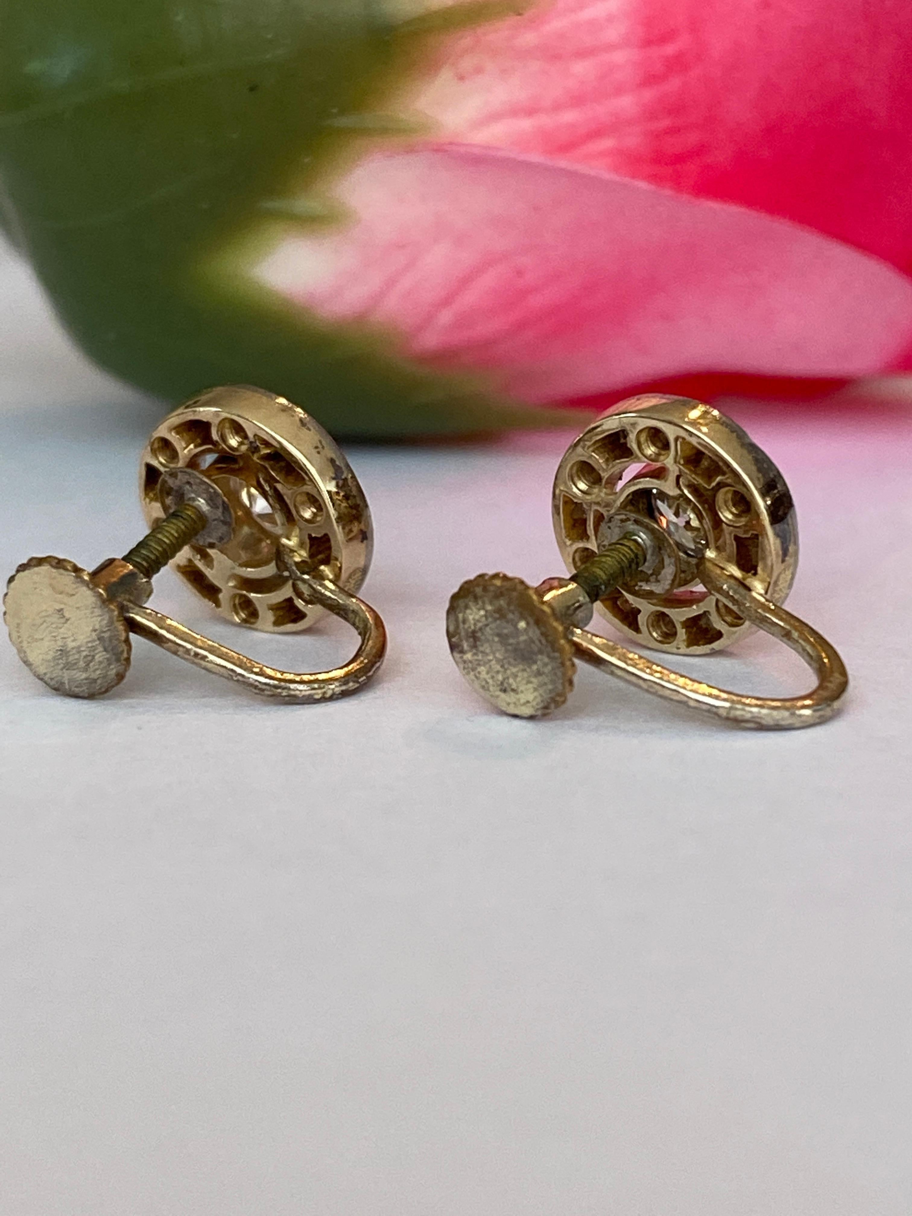 Antique 14 kt  Gold Halo Earrings with 0.74 ct Old-Cut Diamonds For Sale 1