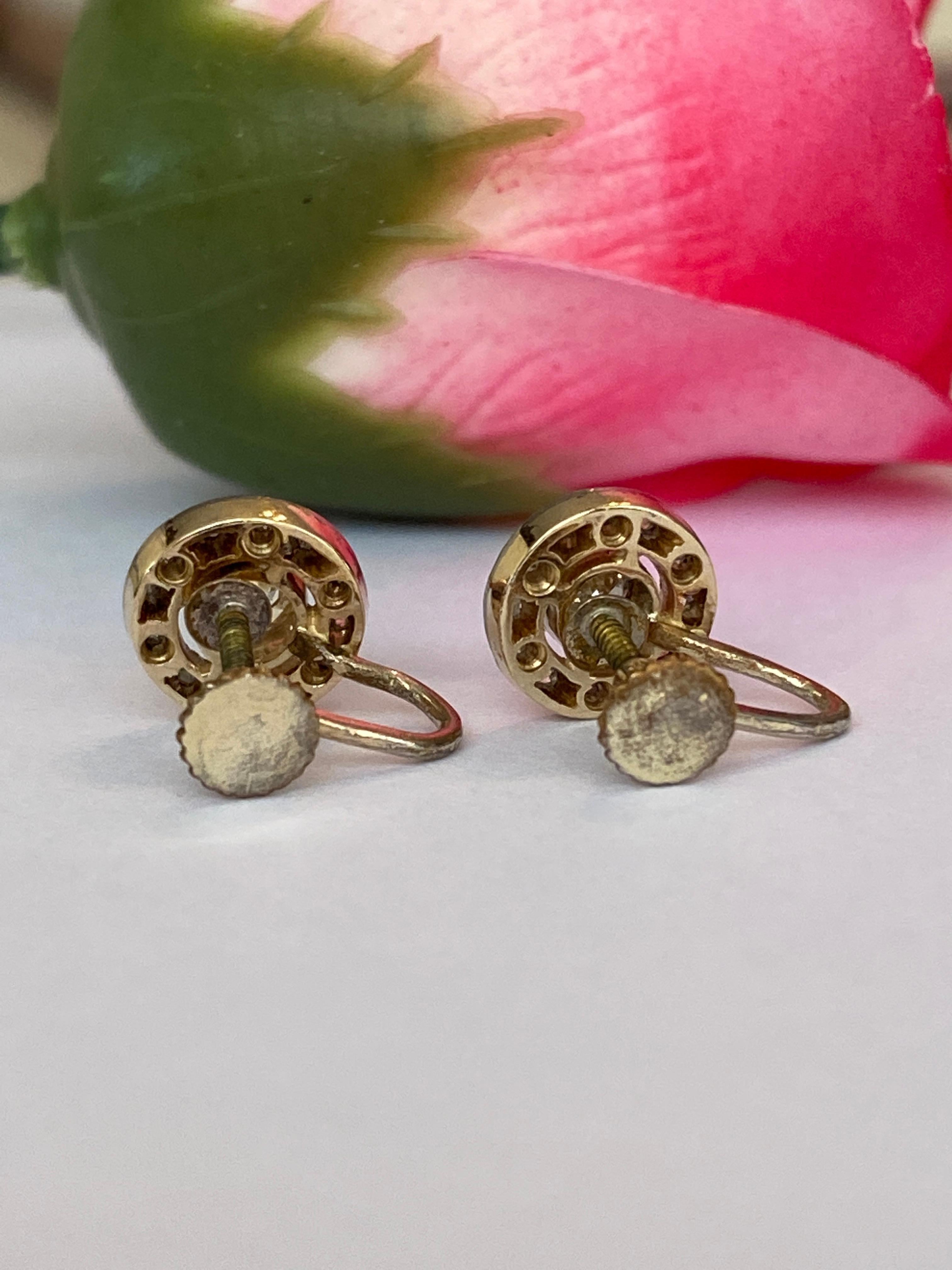 Antique 14 kt  Gold Halo Earrings with 0.74 ct Old-Cut Diamonds For Sale 2