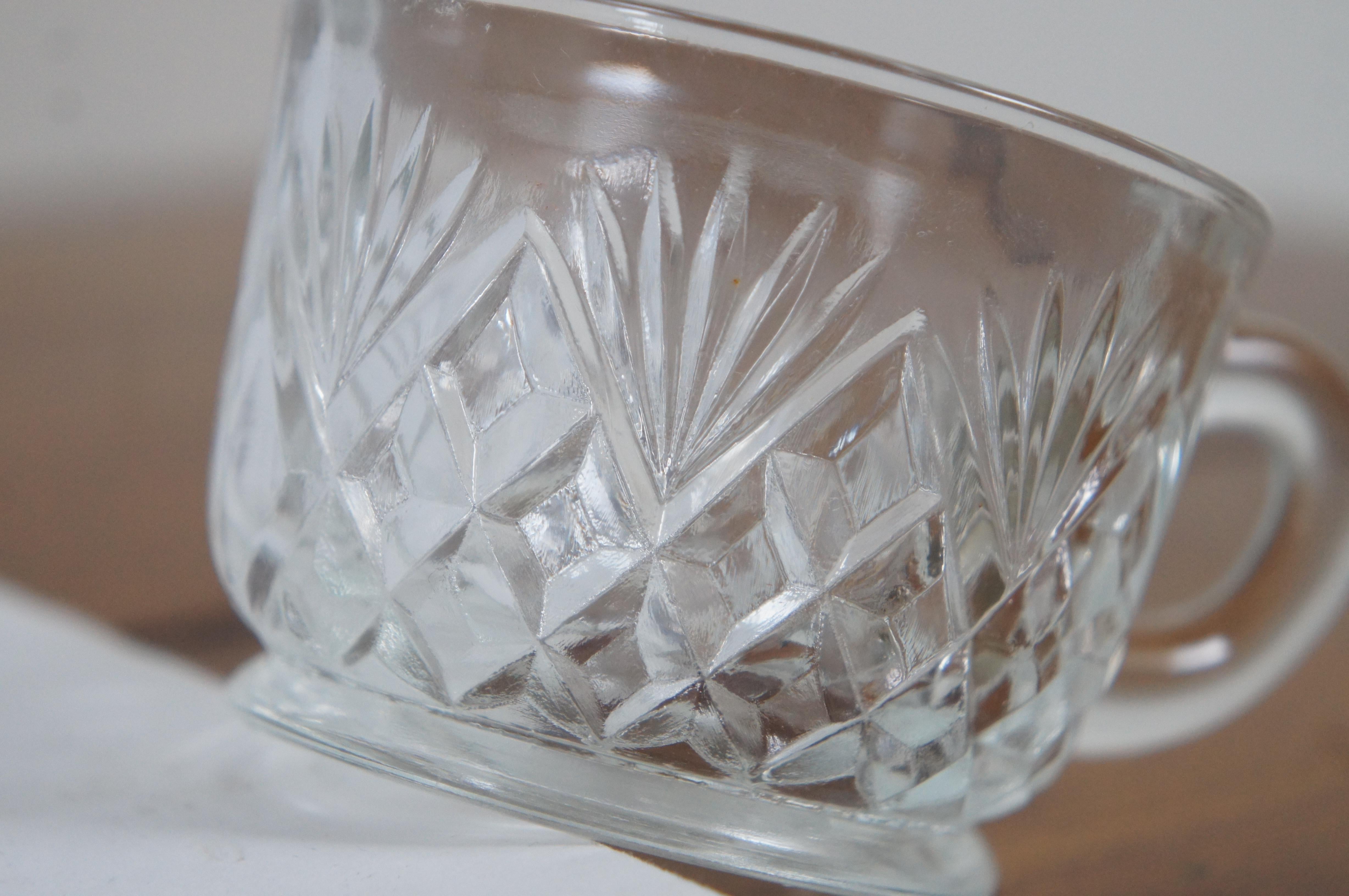 Antique 14 Pc LE Smith Glass Co Pineapple Fan Cut Punch Bowl Tray Cups Set For Sale 4