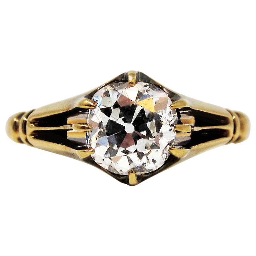 Antique 1.40 Carat Old Mine Cut Diamond Solitaire 18 Karat Yellow Gold Ring For Sale