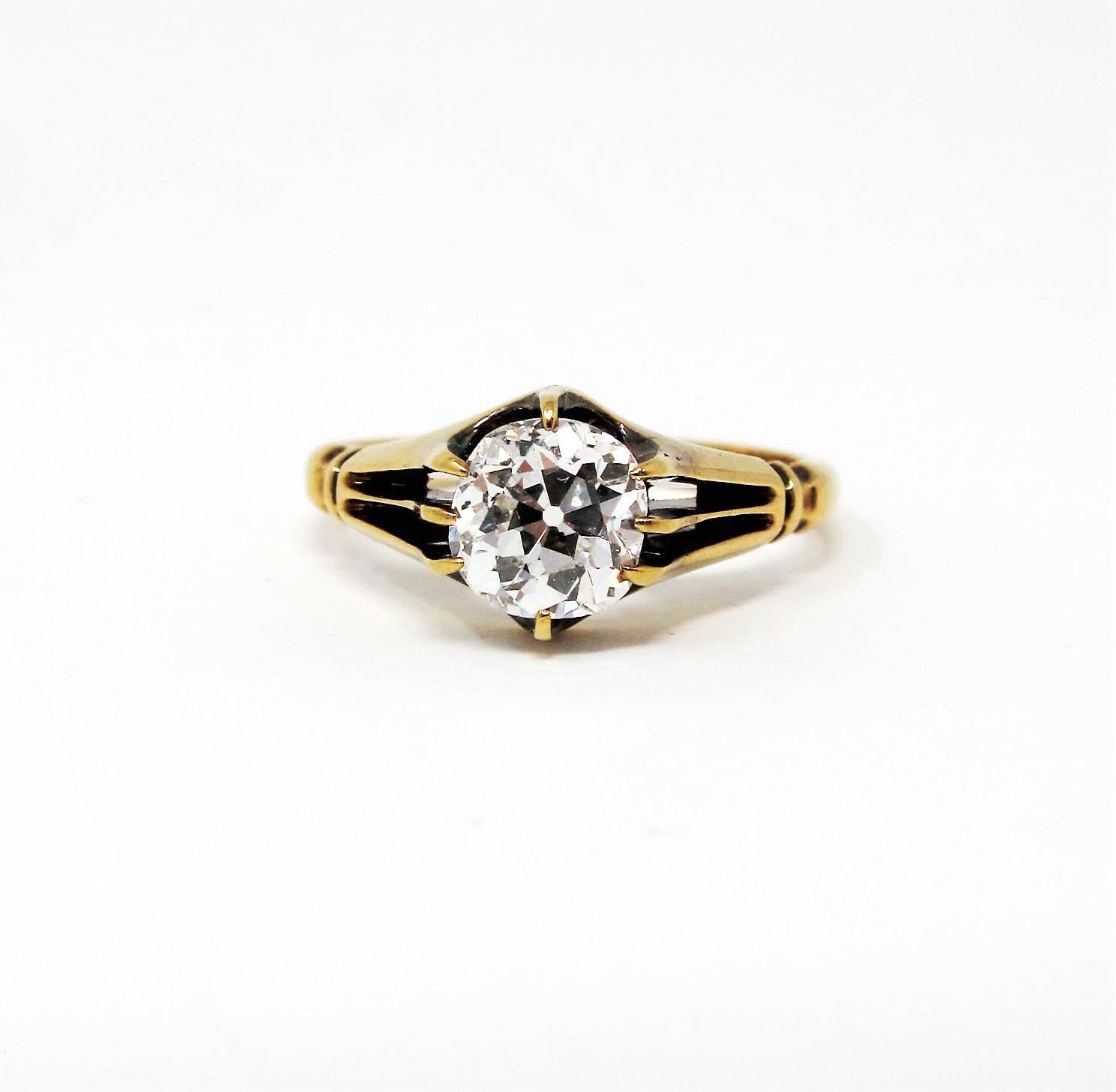 Antique 1.40 Carat Old Mine Cut Diamond Solitaire 18 Karat Yellow Gold Ring 2