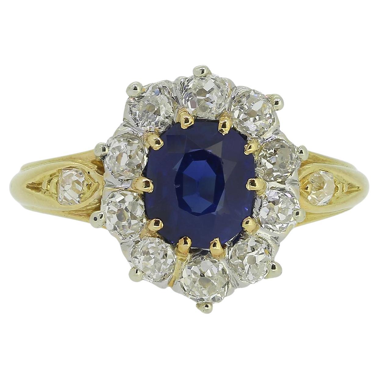 Antique 1.40 Carat Sapphire and Diamond Cluster Ring