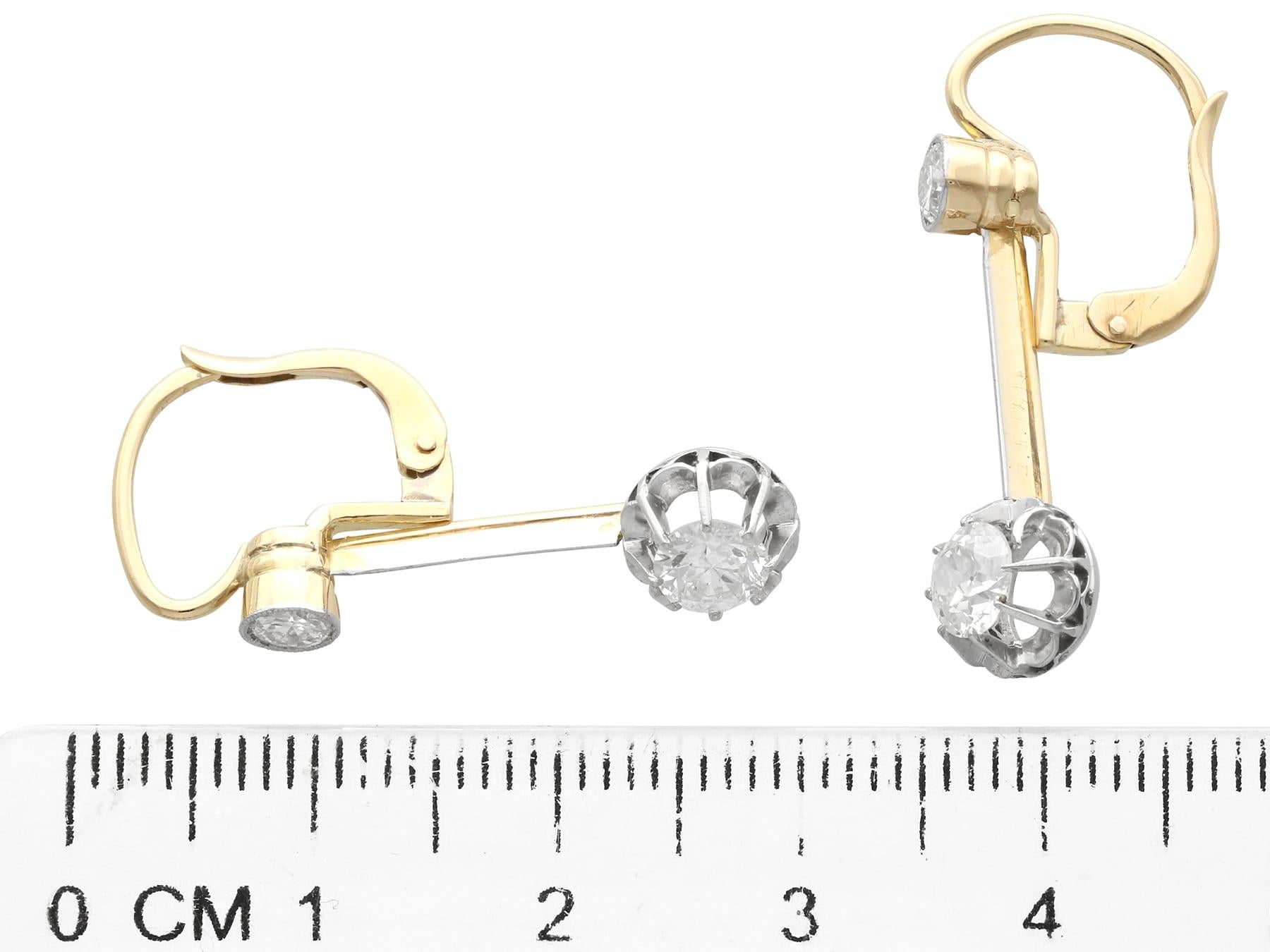 Antike 1,40 Karat Diamant und 15 Karat Gelbgold Tropfenohrringe um 1920 im Angebot 1