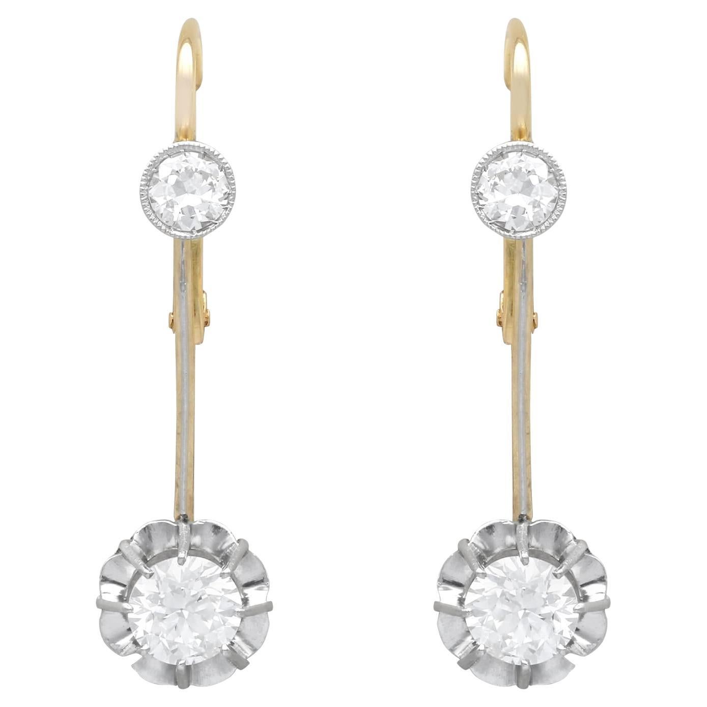 Antique 1.40ct Diamond and 15k Yellow Gold Drop Earrings Circa 1920 For Sale