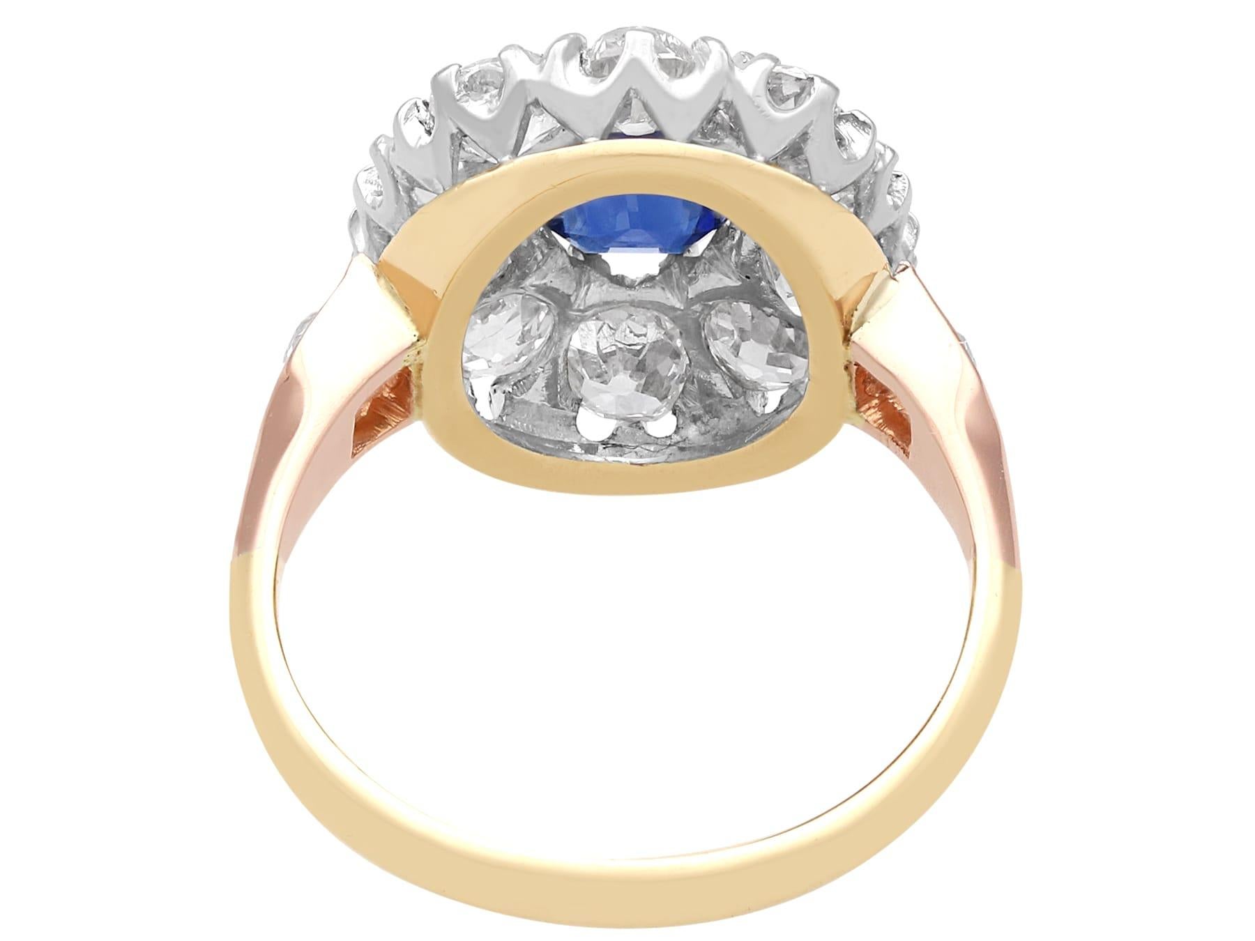 Bague grappe ancienne en or jaune 9 carats, saphir 1,40 carat et diamant 2,02 carats Excellent état - En vente à Jesmond, Newcastle Upon Tyne