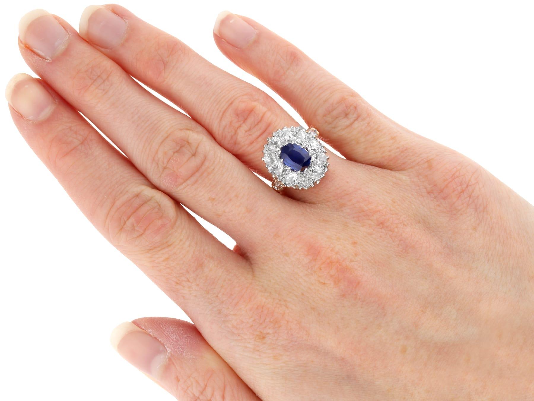 Bague grappe ancienne en or jaune 9 carats, saphir 1,40 carat et diamant 2,02 carats en vente 2