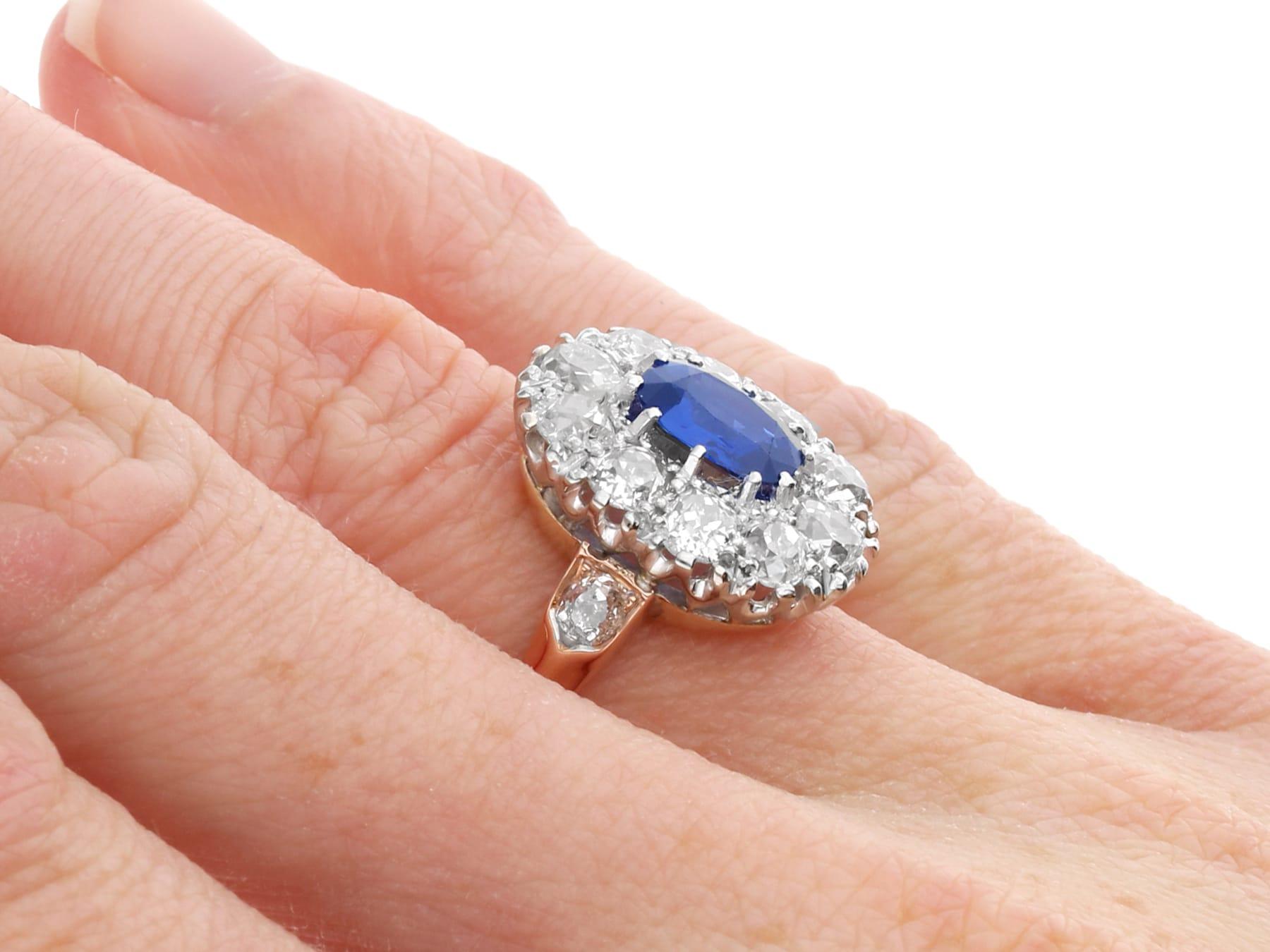 Bague grappe ancienne en or jaune 9 carats, saphir 1,40 carat et diamant 2,02 carats en vente 3