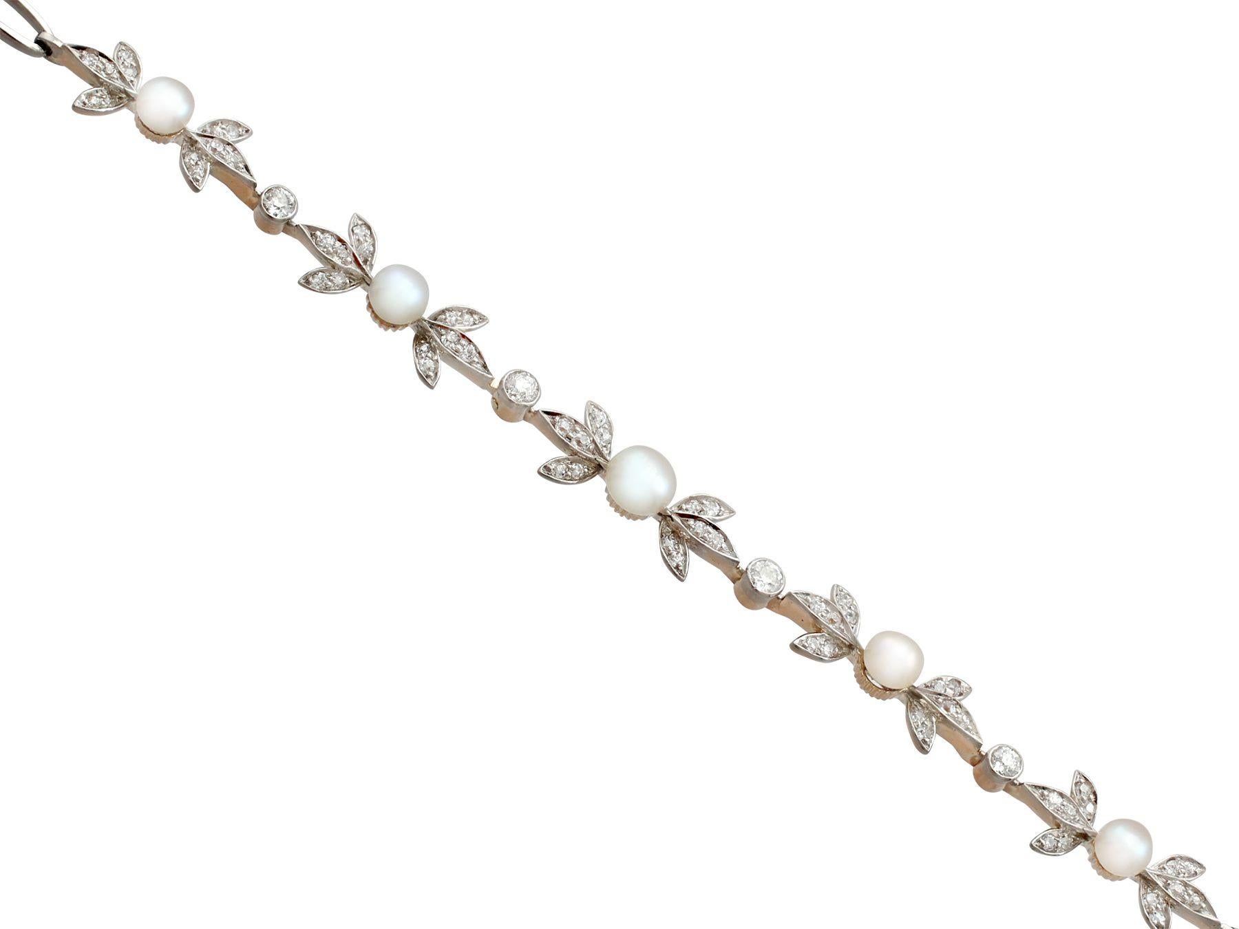Old European Cut Antique 1.42 Carat Diamond and Natural Pearl Yellow Gold Bracelet, circa 1910 For Sale