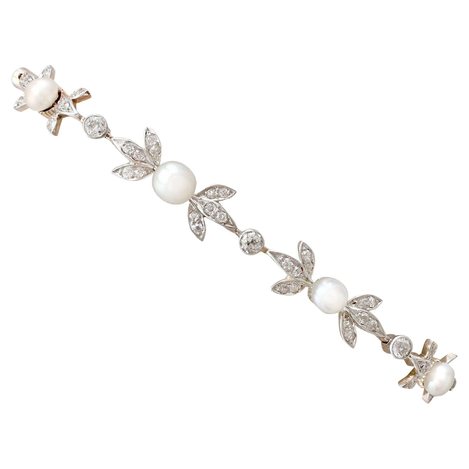 Antique 1.42 Carat Diamond and Natural Pearl Yellow Gold Bracelet, circa 1910 For Sale