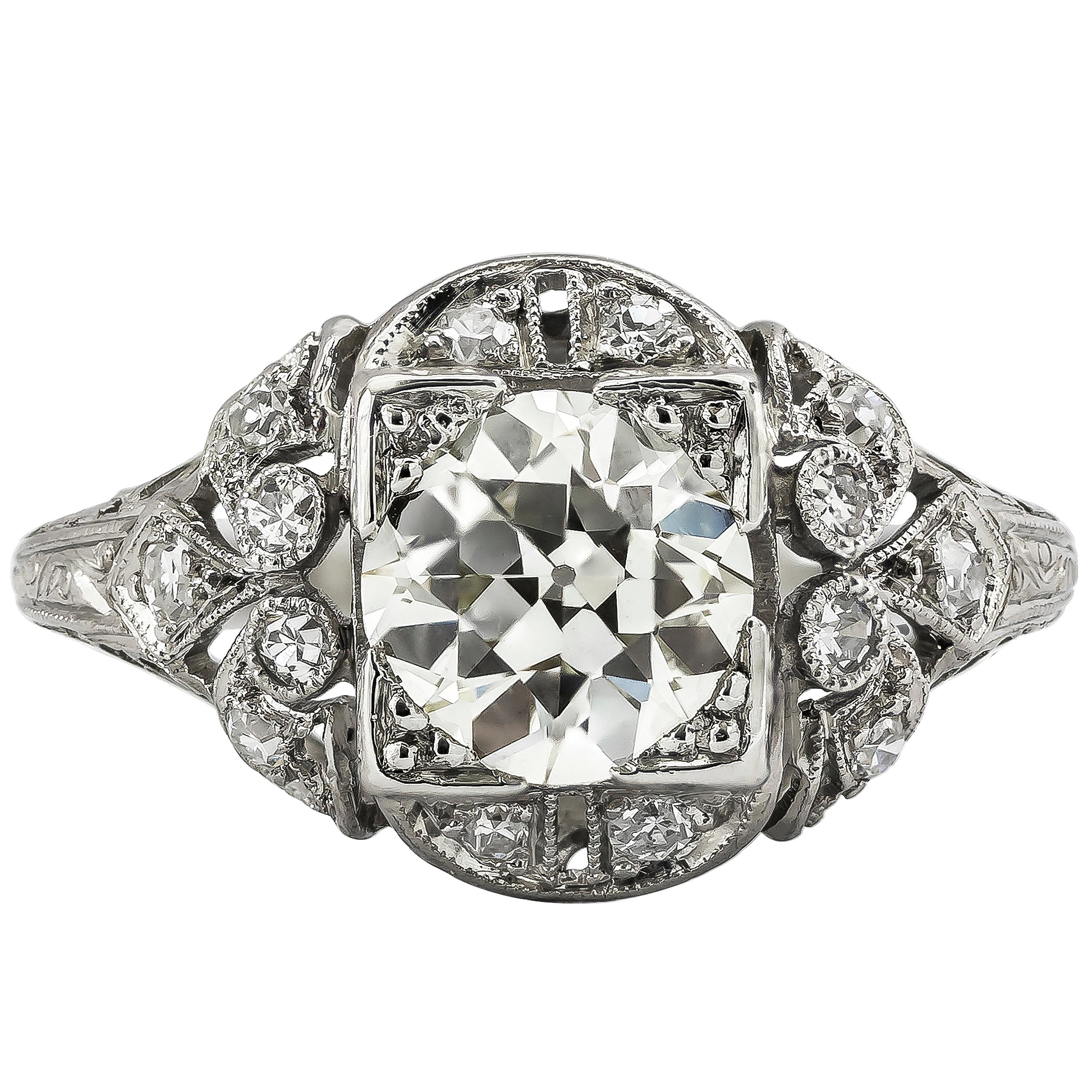 Antique 1.42 Carat Old European Diamond Art Deco Engagement Ring