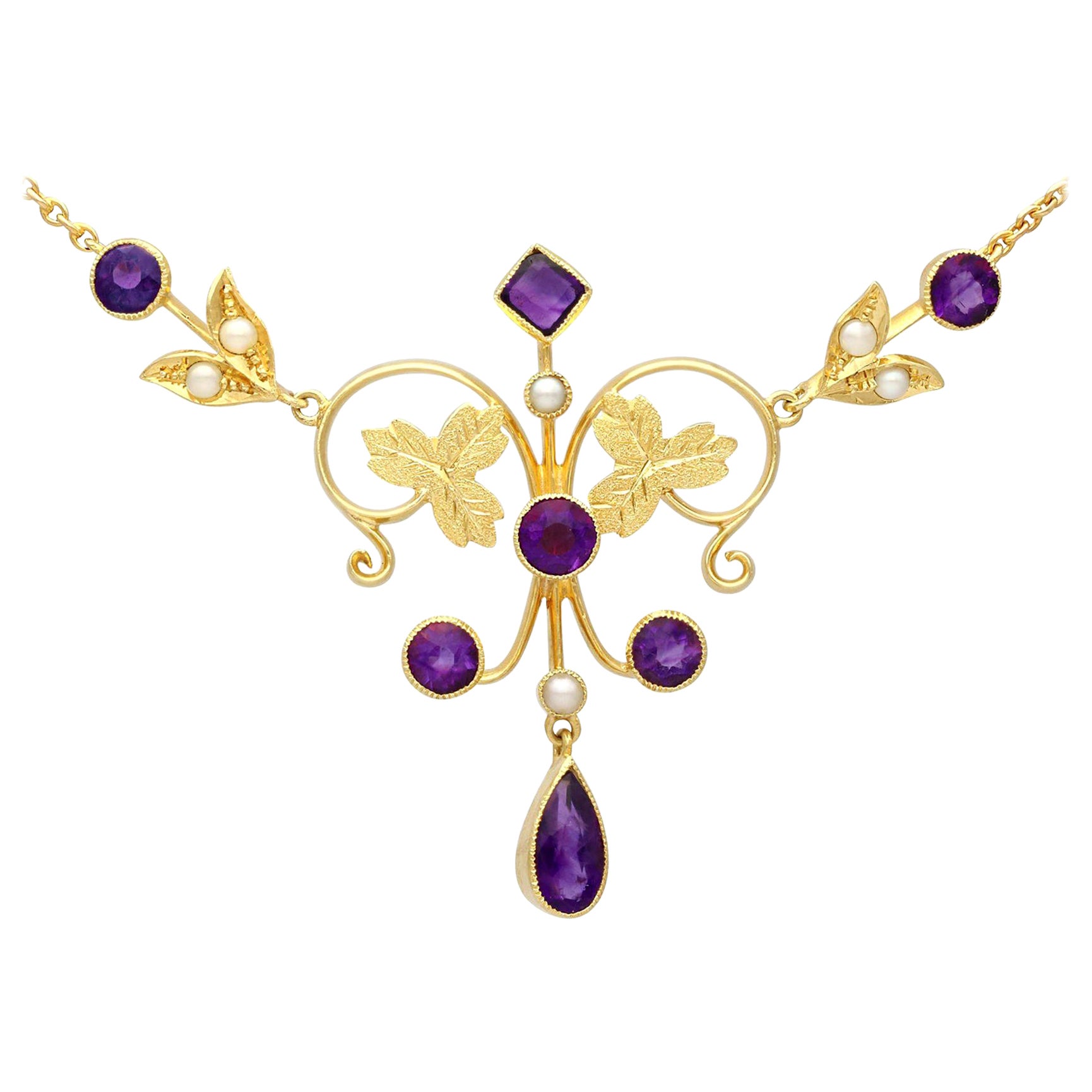 Collana antica in oro giallo con ametista e perle di seme da 1,45 carati