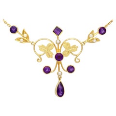 Collier ancien en or jaune avec améthyste de 1,45 carat et perles naturelles