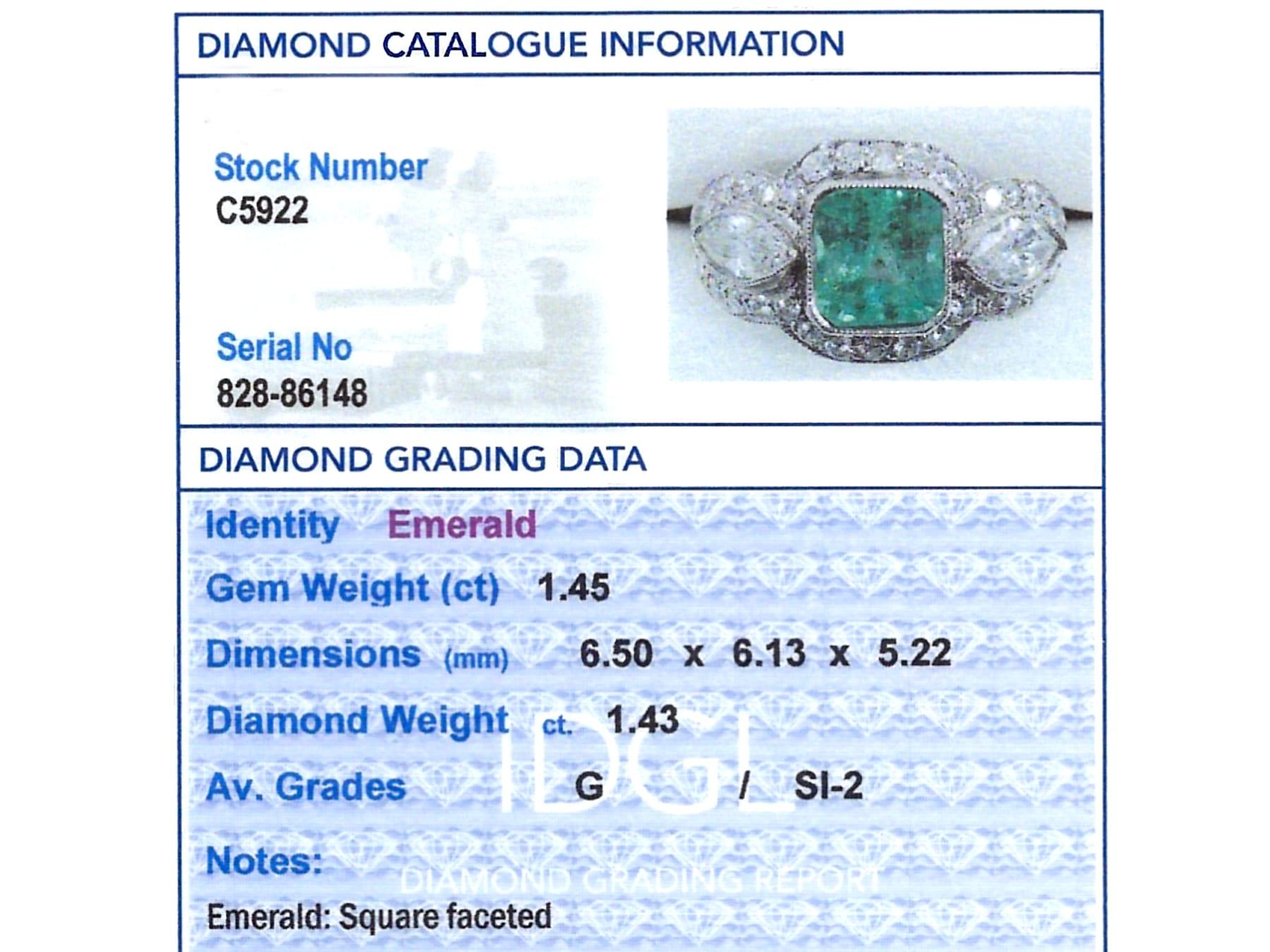 Antique 1.45 Carat Emerald and 1.43 Carat Diamond Platinum Engagement Ring For Sale 3