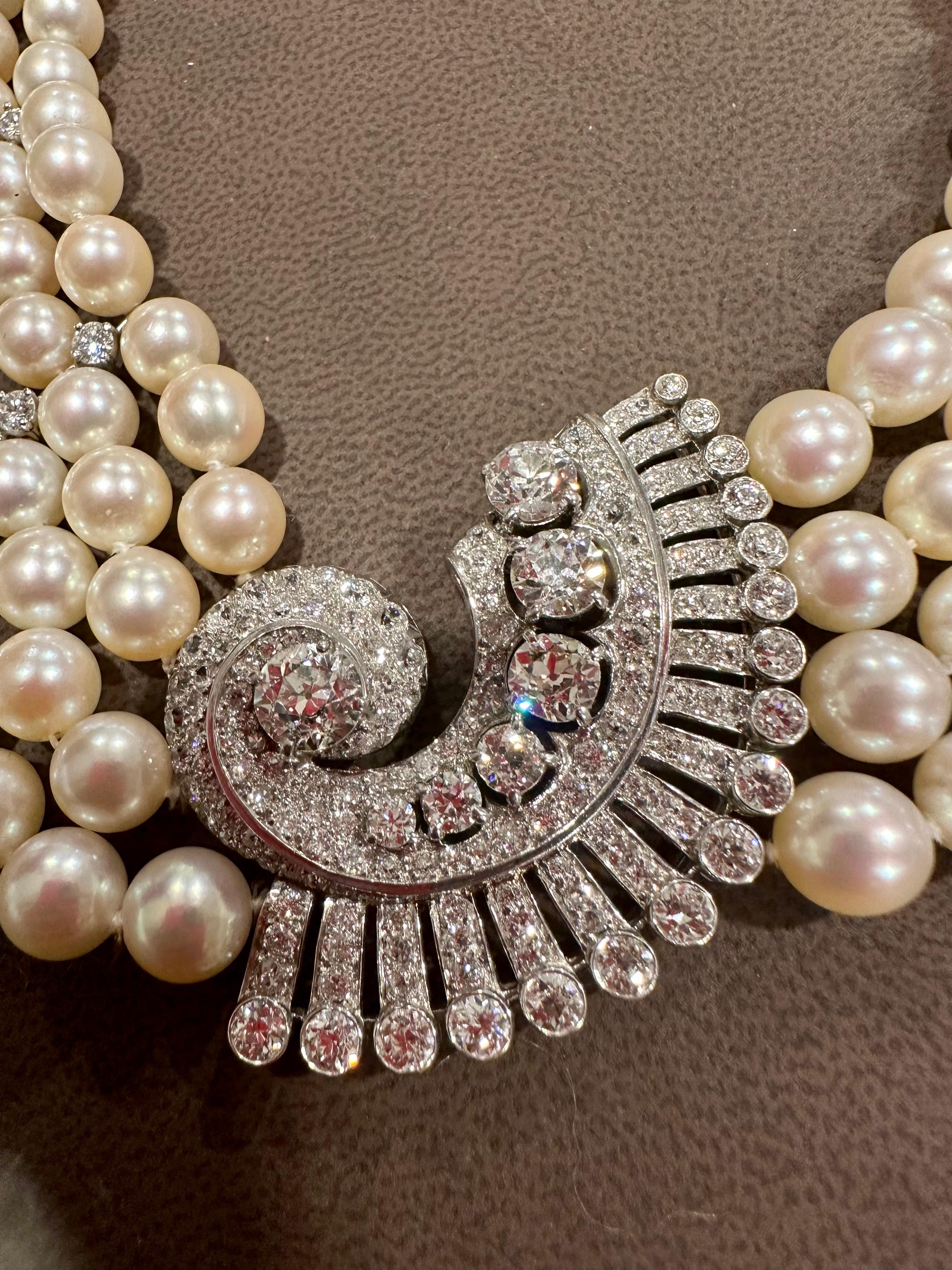 Round Cut Antique 14.5ct Diamond Center Brooch  with Pearls Necklace in Platinum Bridal For Sale