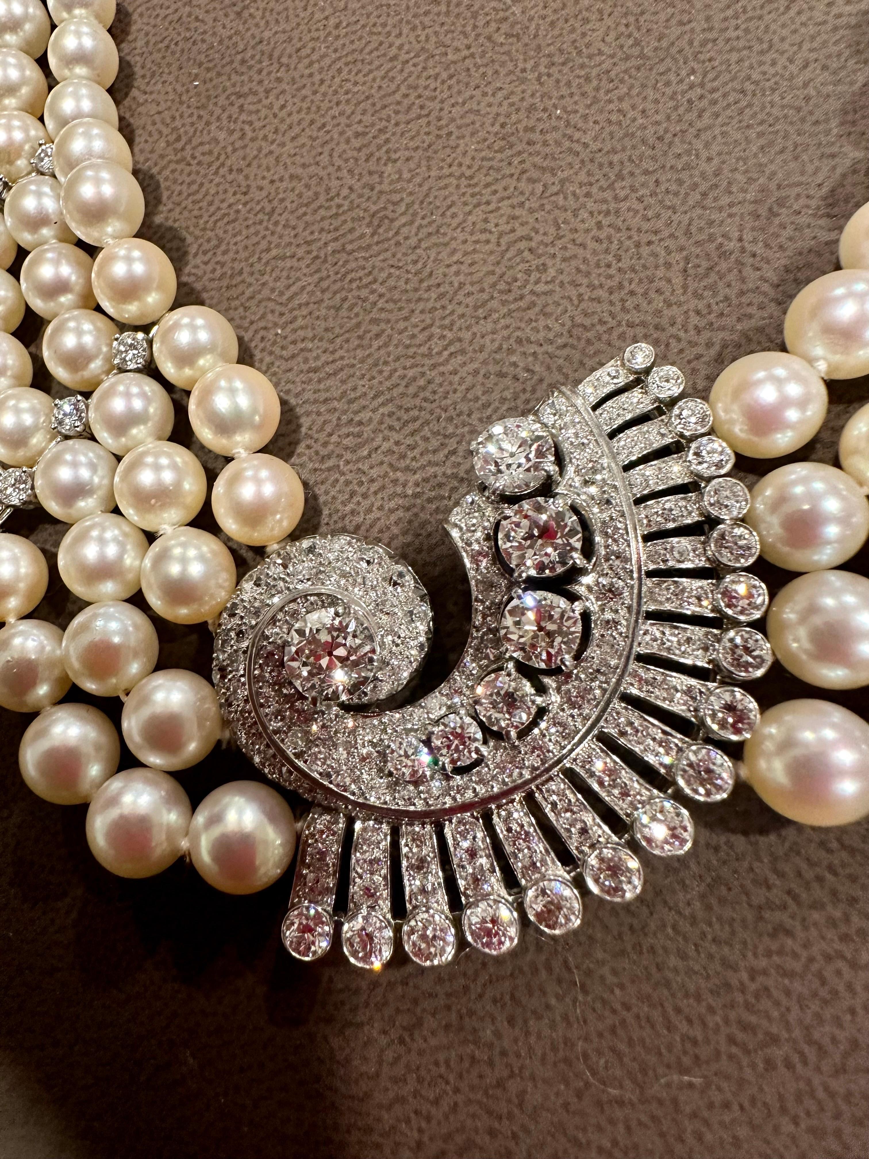 Antique 14.5ct Diamond Center Brooch  with Pearls Necklace in Platinum Bridal In Excellent Condition For Sale In New York, NY